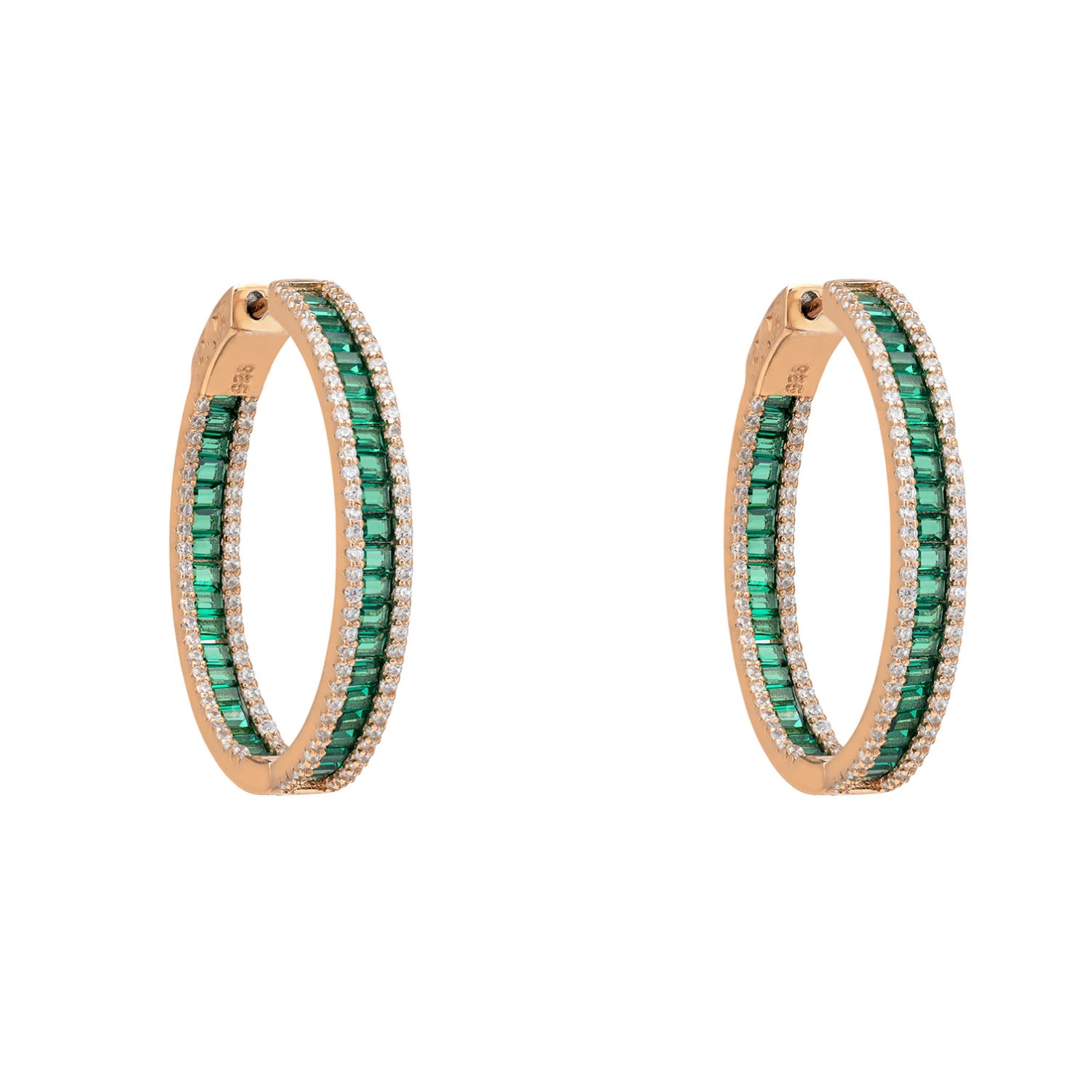 Baguette Hoop Earrings Emerald Green Rosegold