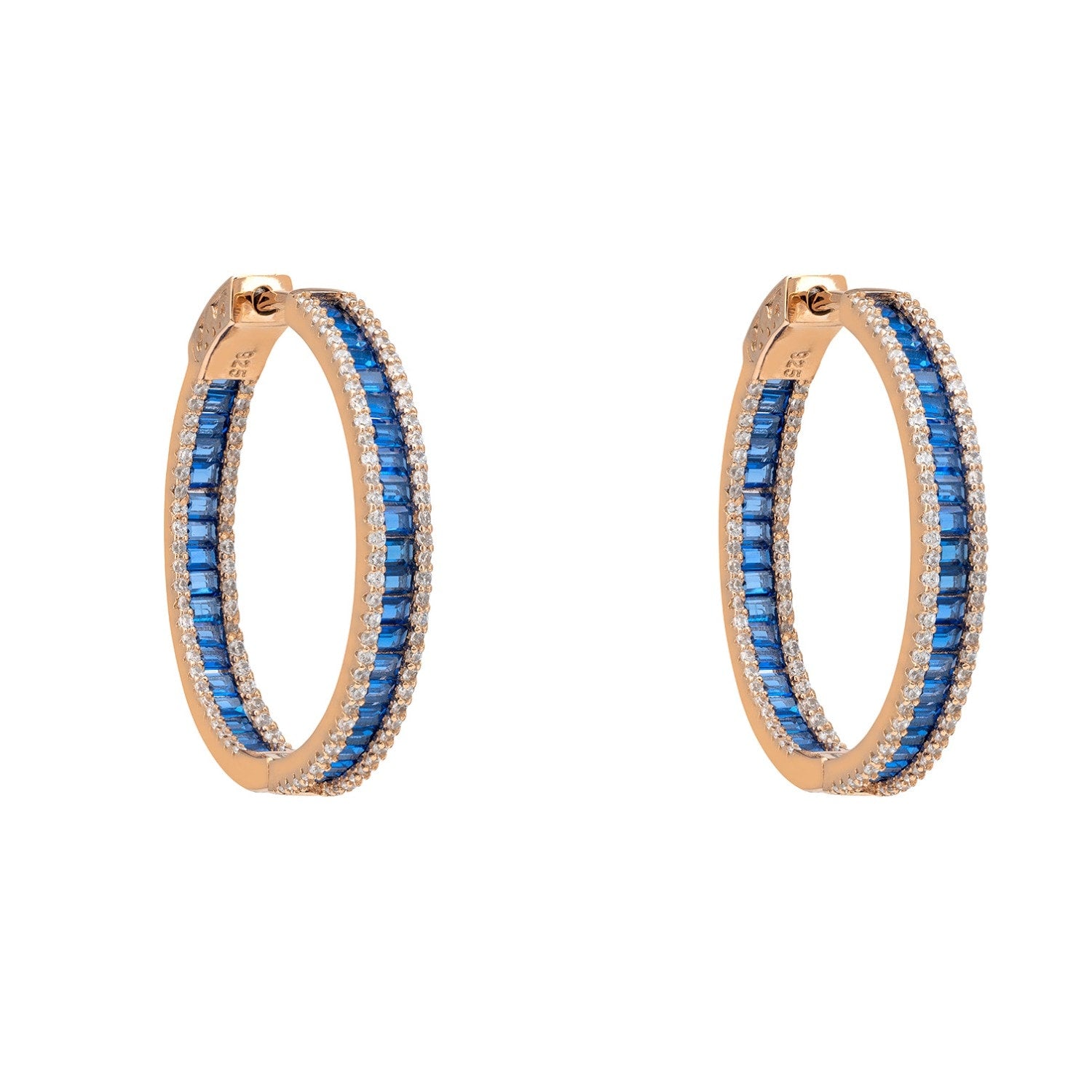 Baguette Hoop Earrings Sapphire Blue Rosegold