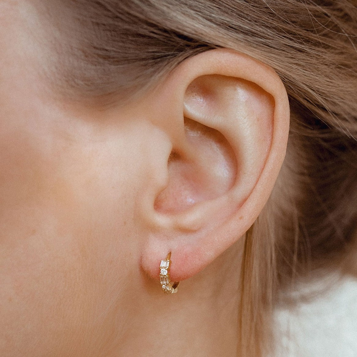 Baguette Huggie Earrings Sterling Silver Gold