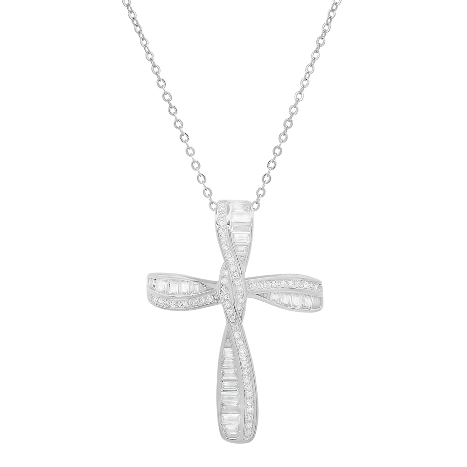Baguette Twist Diamond Cz Cross Pendant In Sterling Silver