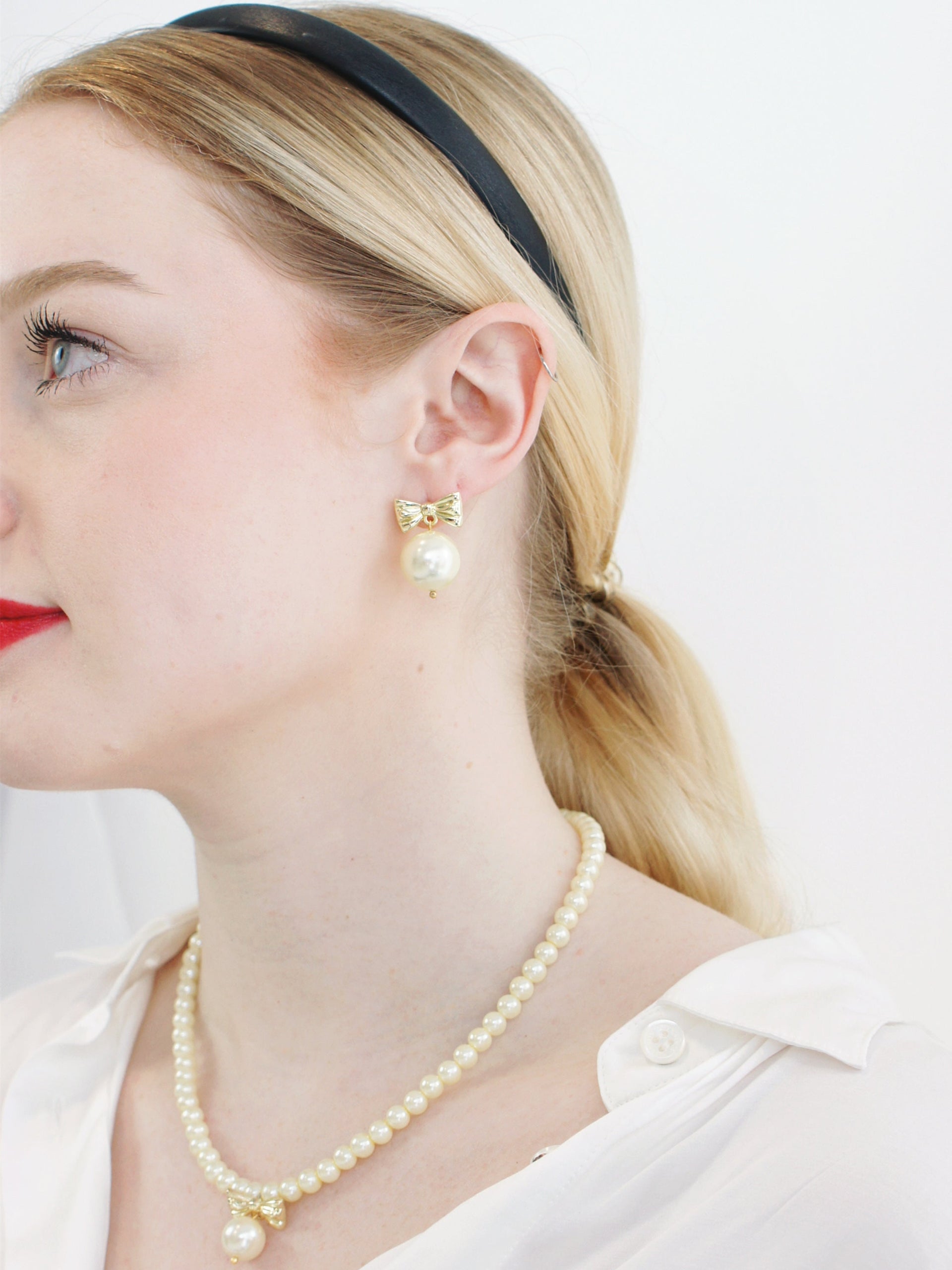 Ballerina Golden Bow & Pearl Drop Earrings