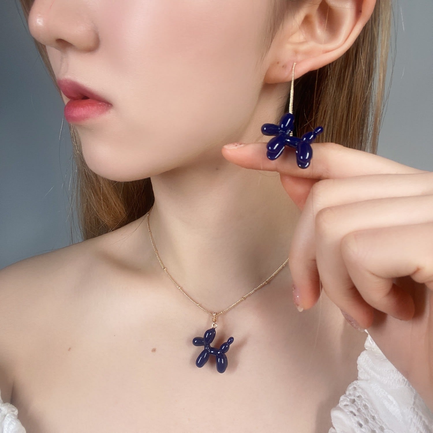 Balloon Poodle Threader Earrings - Navy