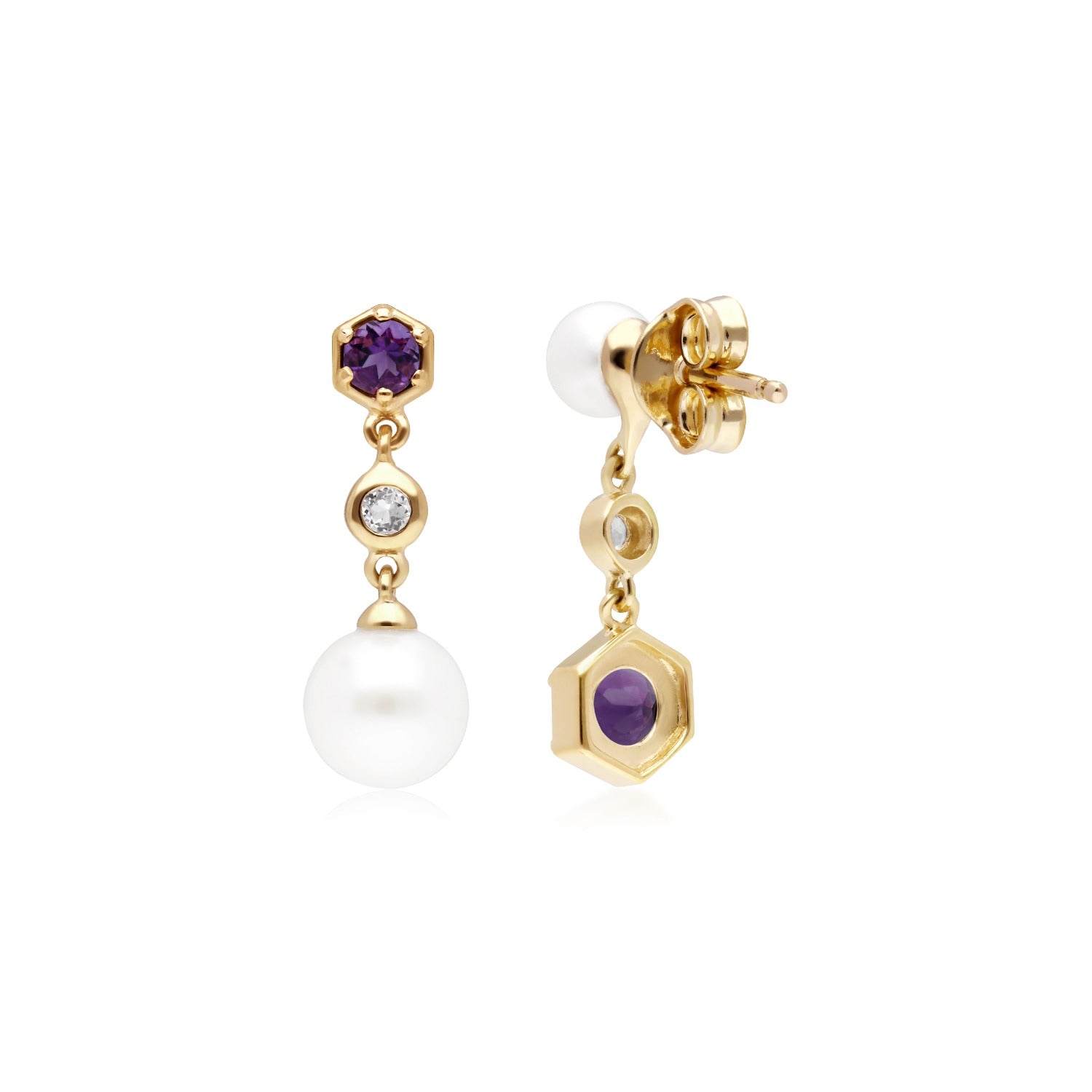 Modern Pearl Amethyst Topaz Mismatched Drop Earrings