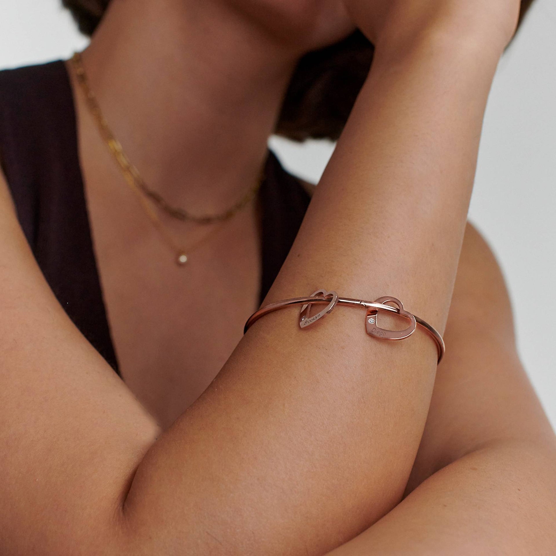 Chelsea Bangle with Heart Pendants in 18k Rose Gold Plating with Diamonds