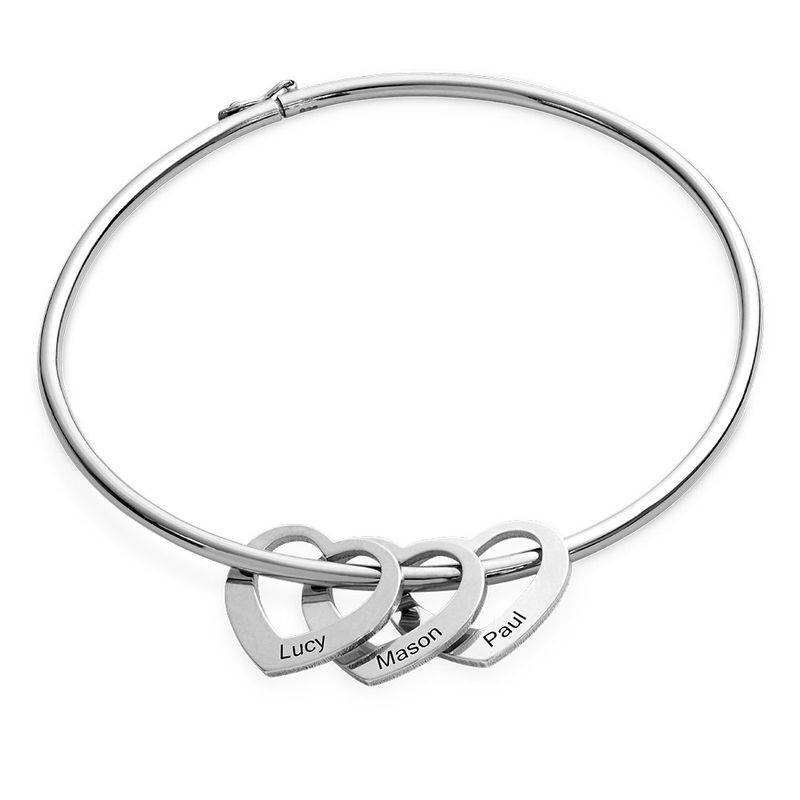 Gift for Mom - Bangle Bracelet with Heart Shape Pendants in Silver - Name Bracelets - Mom Bracelet - Personalized Jewelry - Gift for Grandma