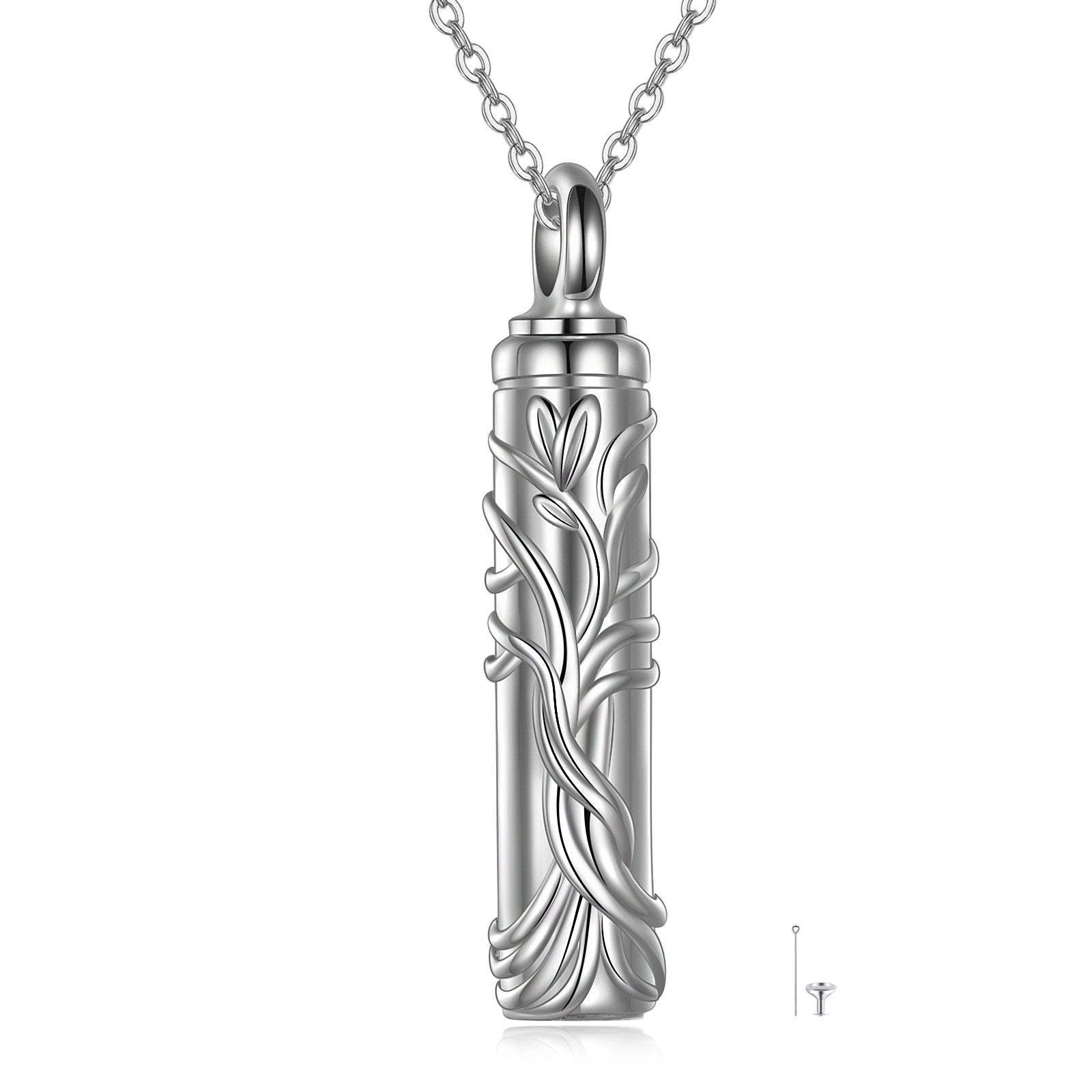 Bar Tree of Life Urn Necklace Cremation Jewelry for Ashes in White Gold Plated Sterling Silver