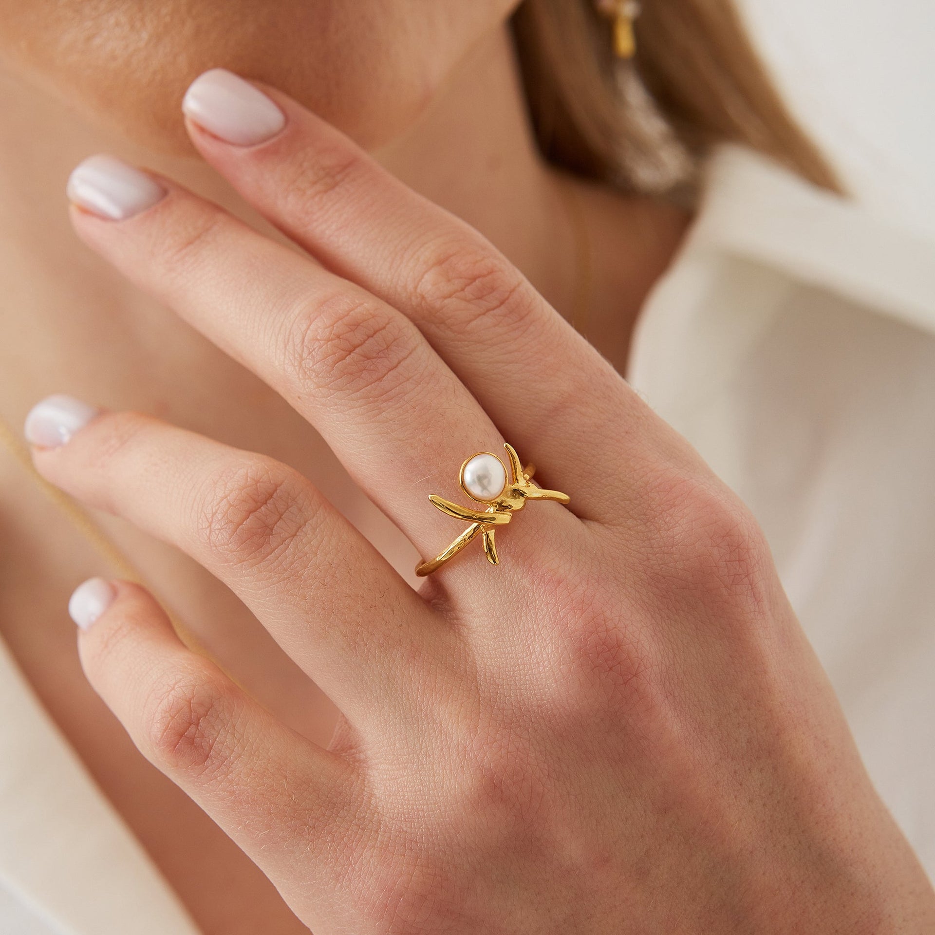 Barbed Wire Design Pearl Adjustable Sterling Silver Natural Hammered Ring - Gold