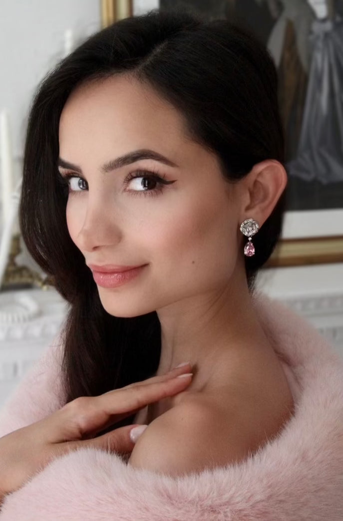 Baroness Flower & Pink Crystal Drop Silver Earrings