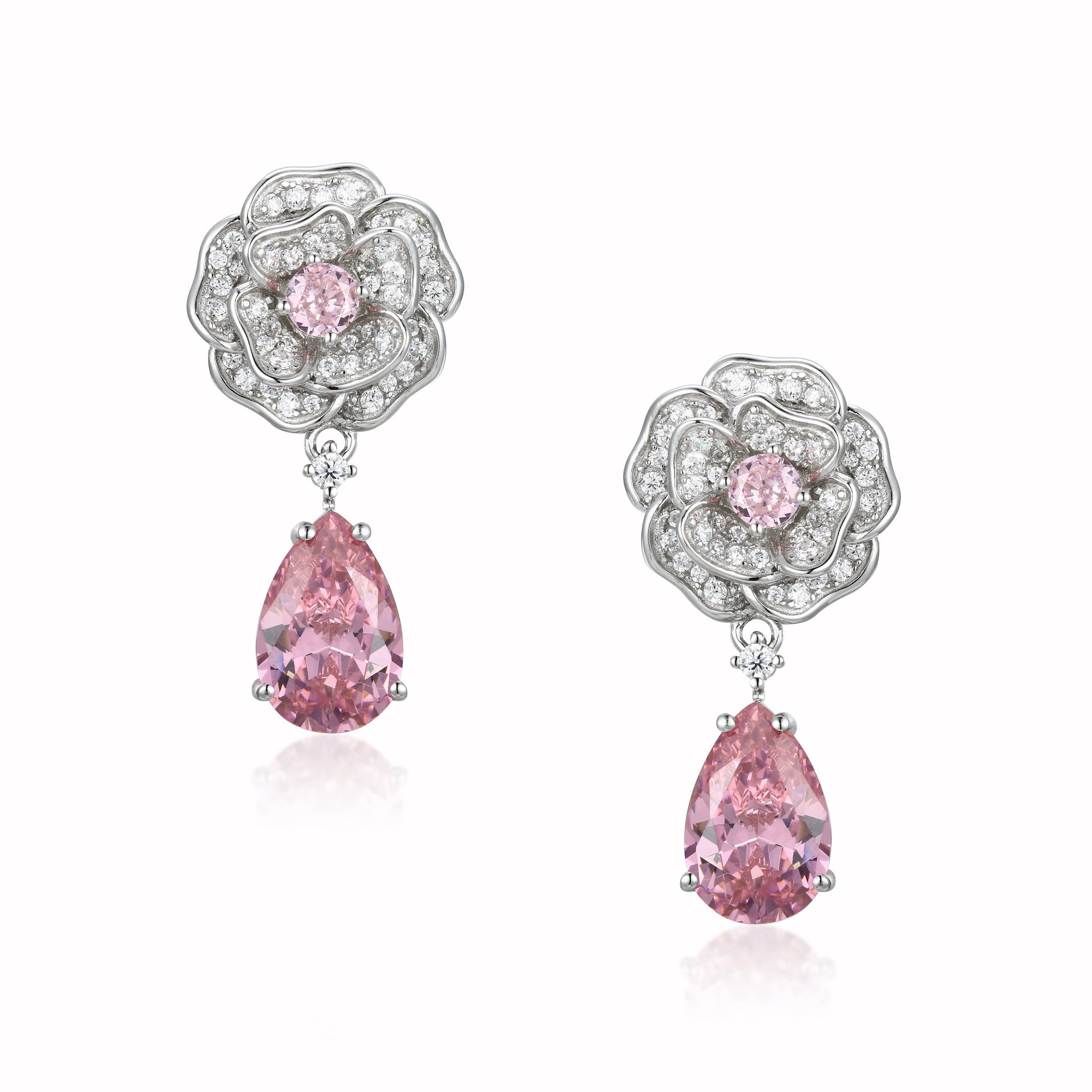 Baroness Flower & Pink Crystal Drop Silver Earrings