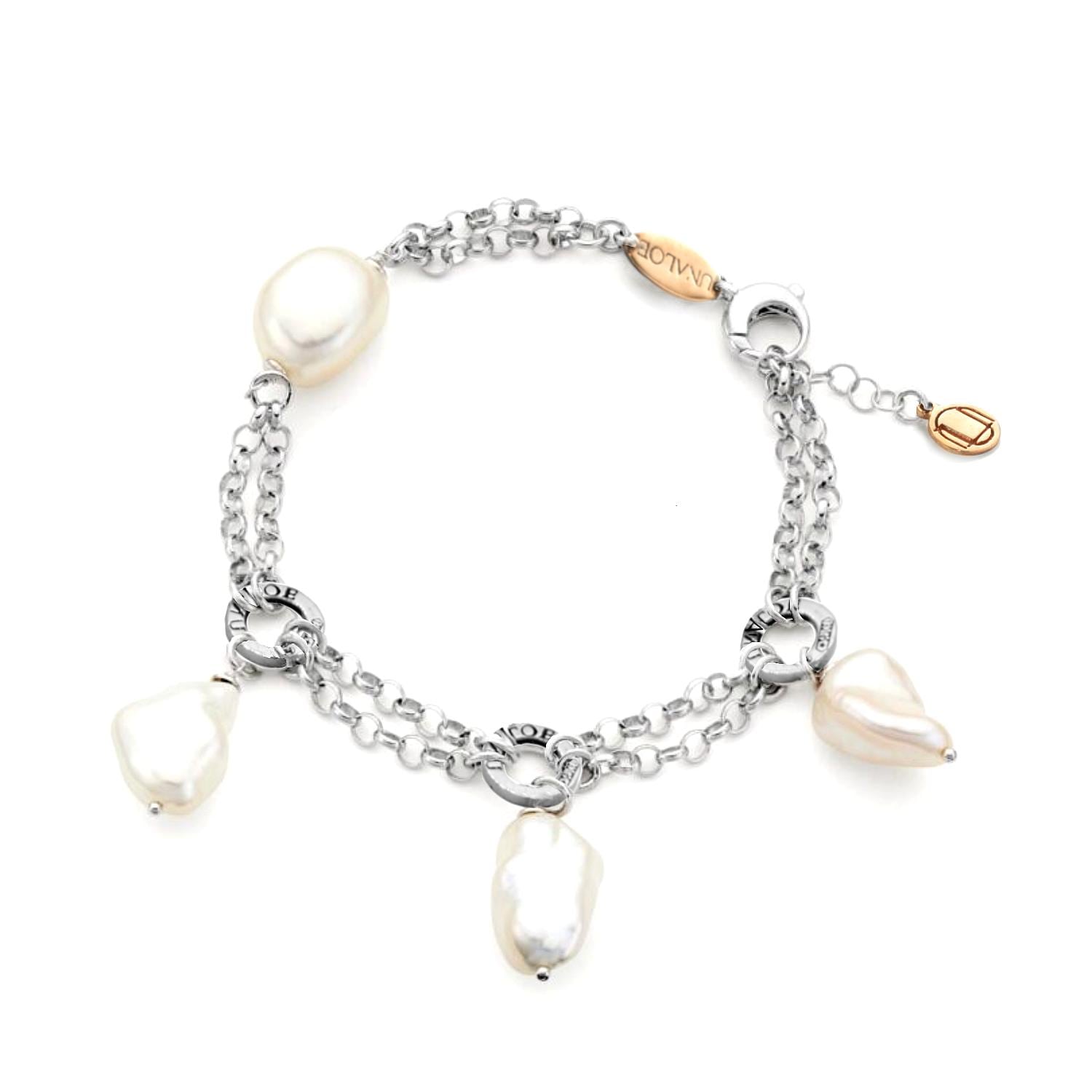 Baroque Elegance – Sterling Silver Double Chain Bracelet With Natural Pearls