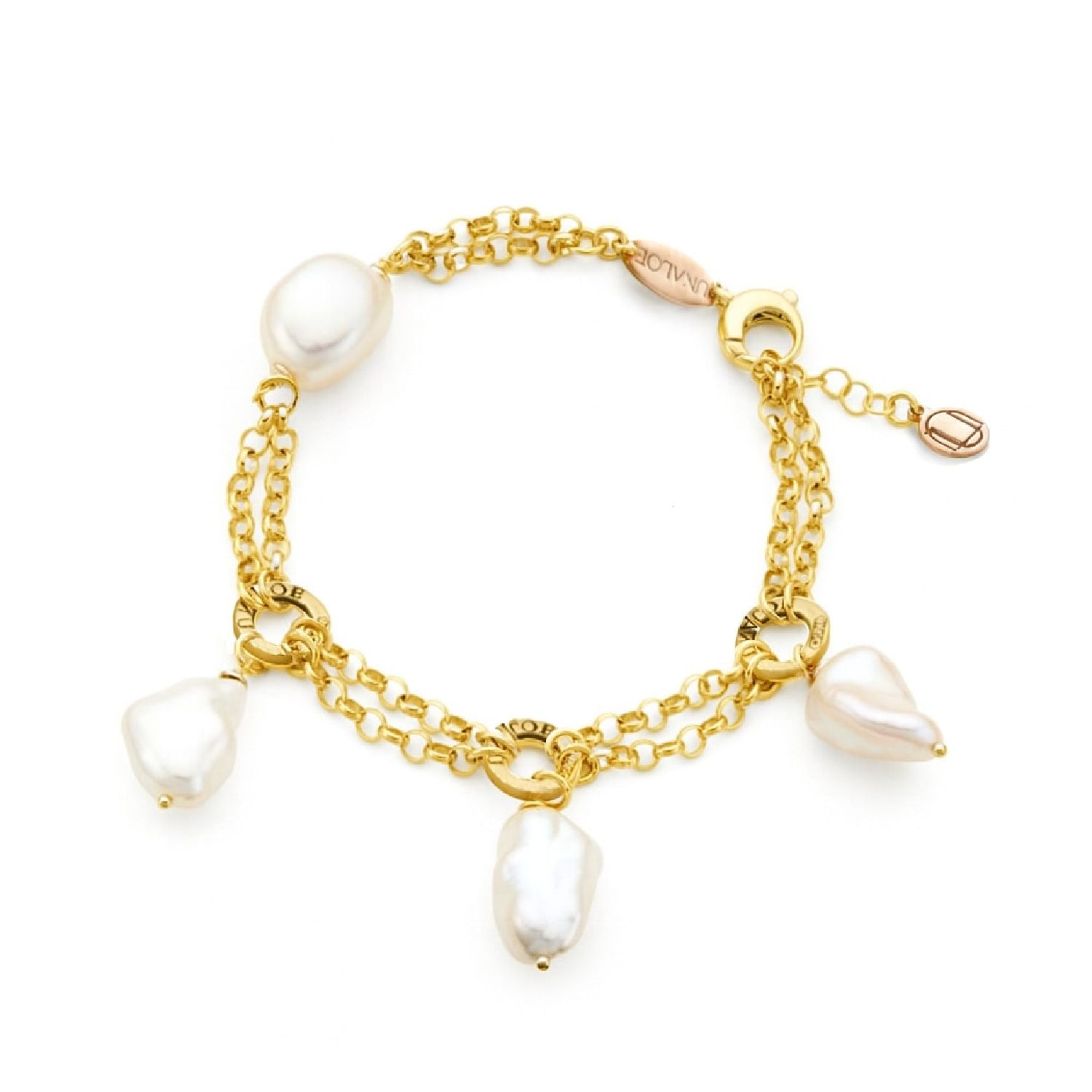 Baroque Elegance – Sterling Silver-Gold Plated Double Chain Bracelet With Natural Pearls