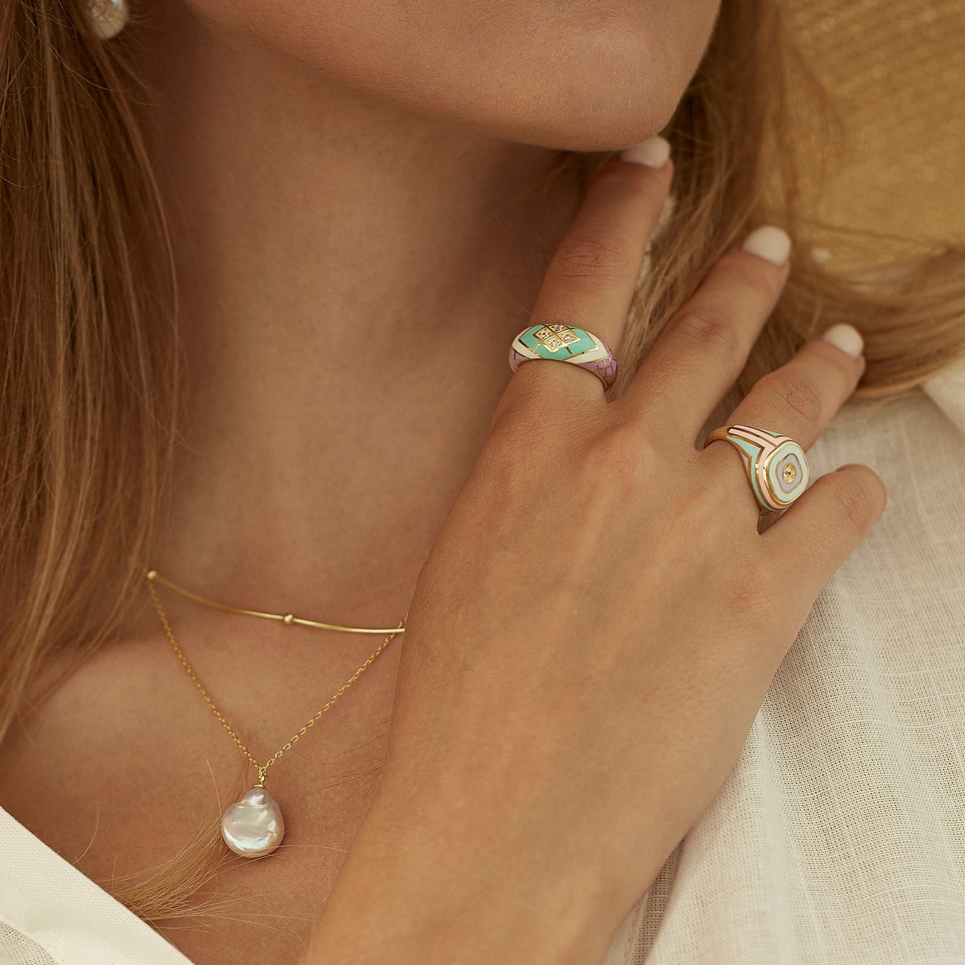 Baroque Flat Pearl Pendant & Italian Beaded Sterling Silver Stacking Necklace Set - Gold