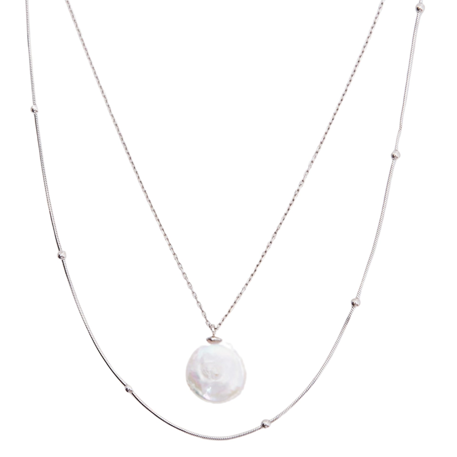 Baroque Flat Pearl Pendant & Italian Beaded Sterling Silver Stacking Necklace Set - Silver