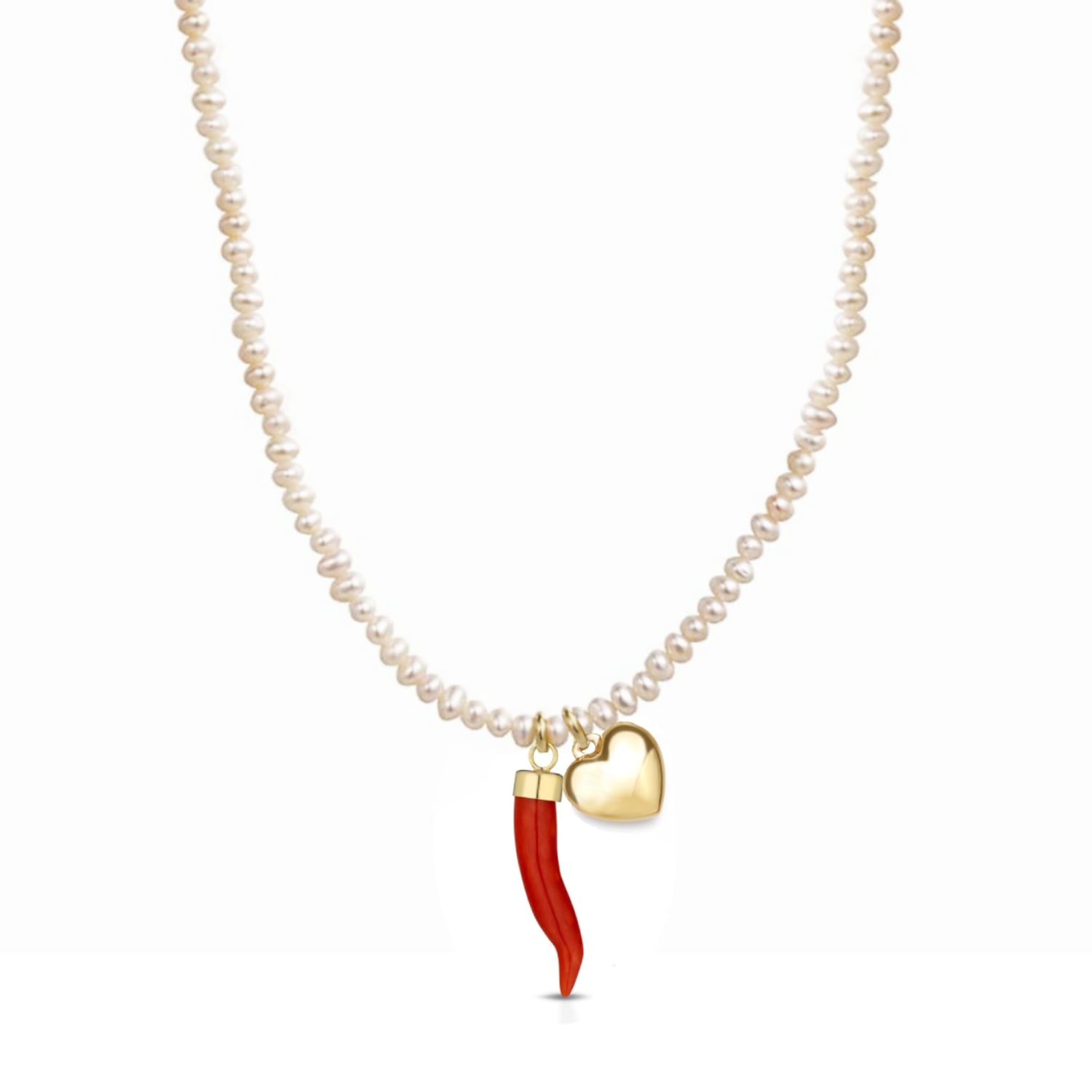 Baroque Pearl Necklace With Coral Cornicello And Gold-Plated Silver Heart