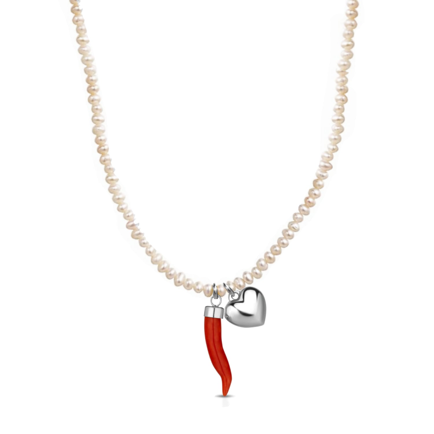 Baroque Pearl Necklace With Coral Cornicello And Silver Heart
