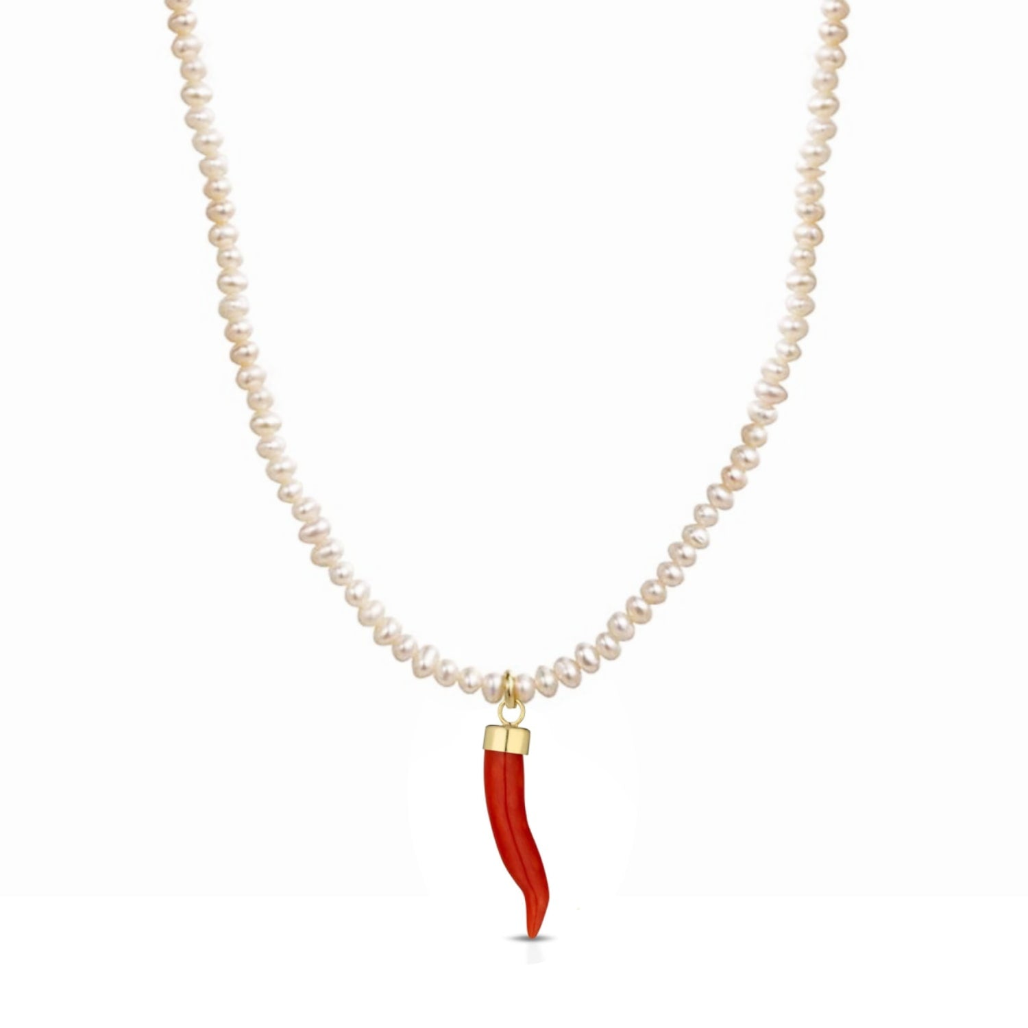 Baroque Pearl Necklace With Gold-Plated Silver Coral Cornicello