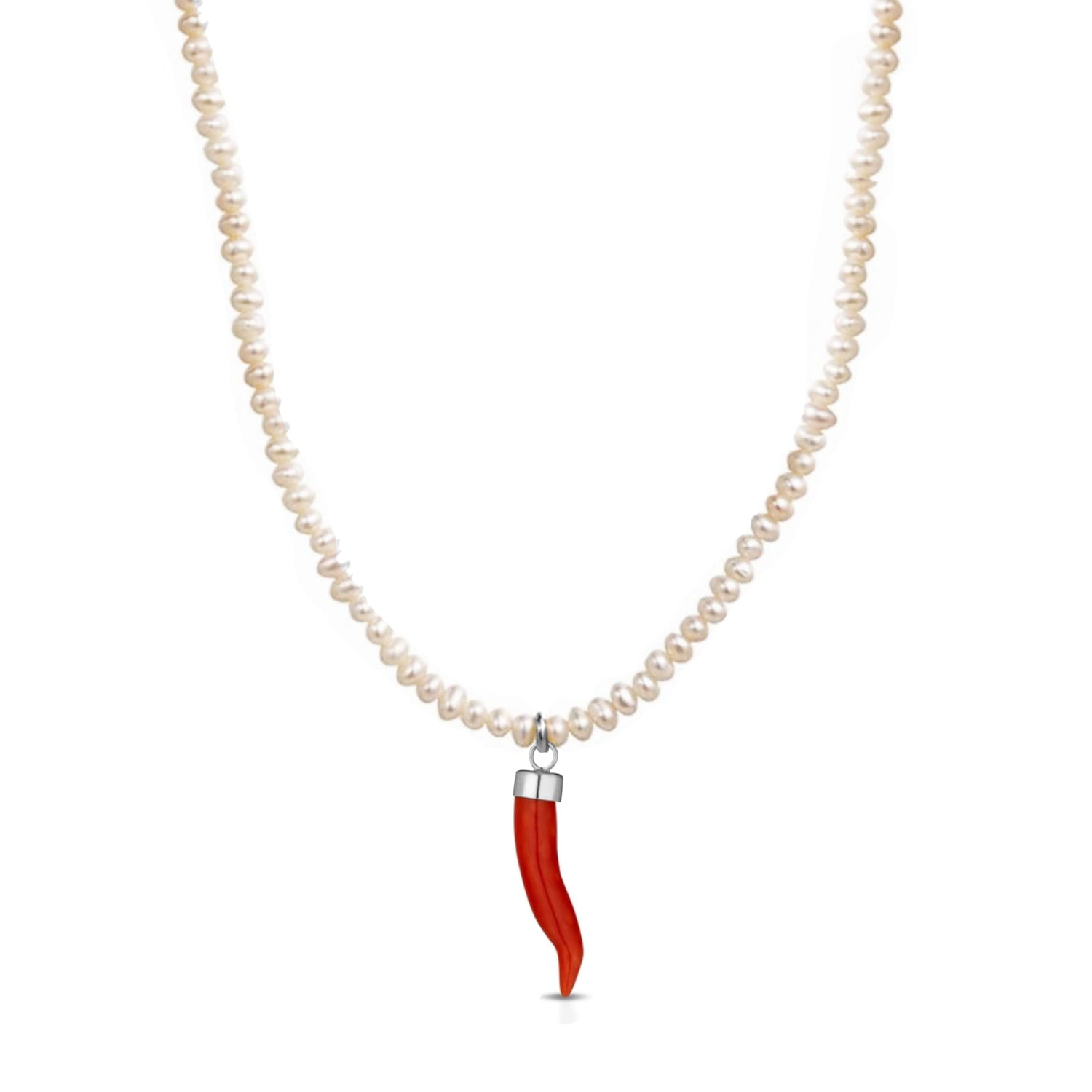 Baroque Pearl Necklace With Silver Coral Cornicello