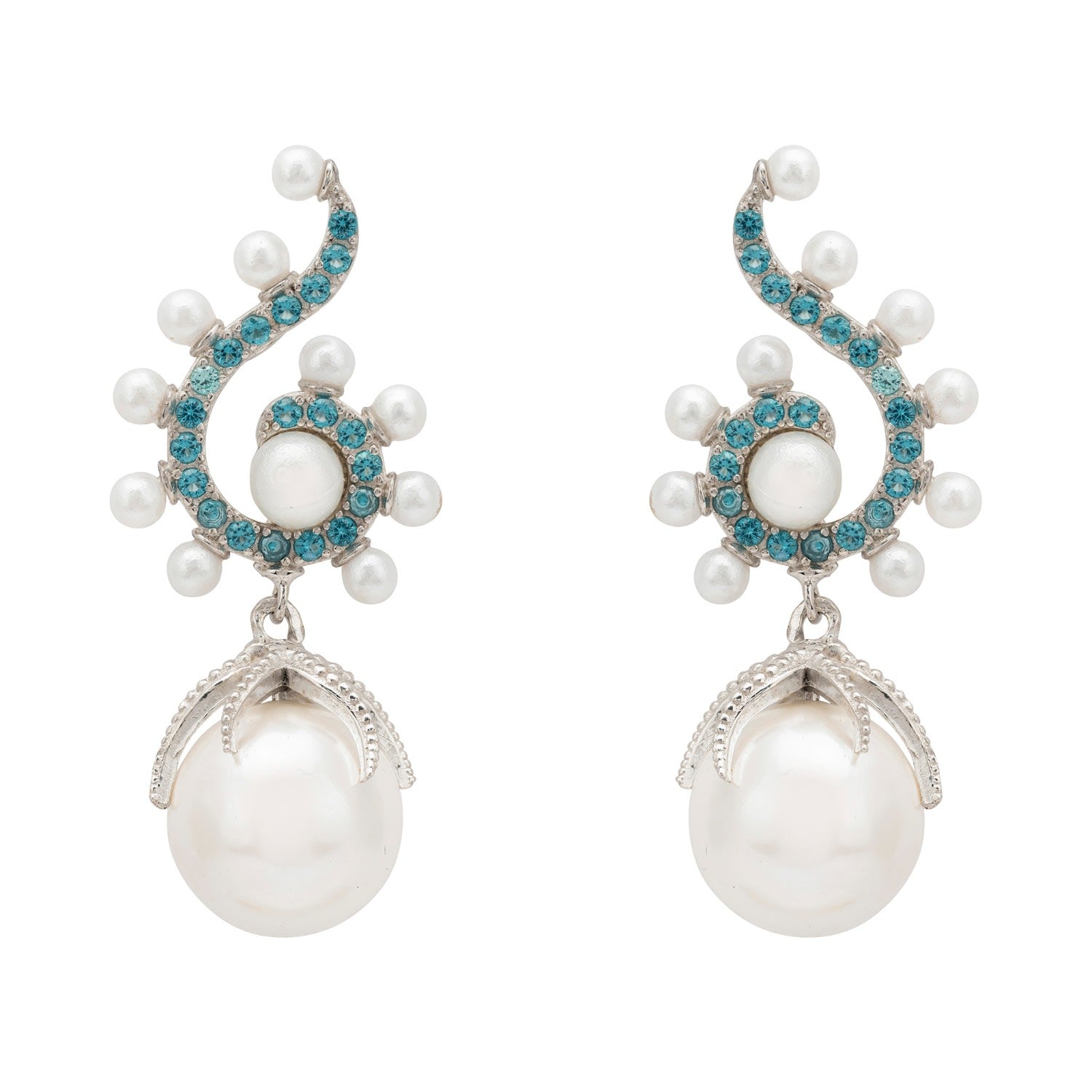 Baroque Pearl Poseidon Gemstone Drop Earrings Aqua Silver