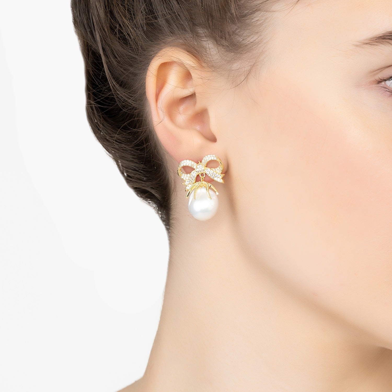 Baroque Pearl Ribbon And Bows Drop Earrings Gold