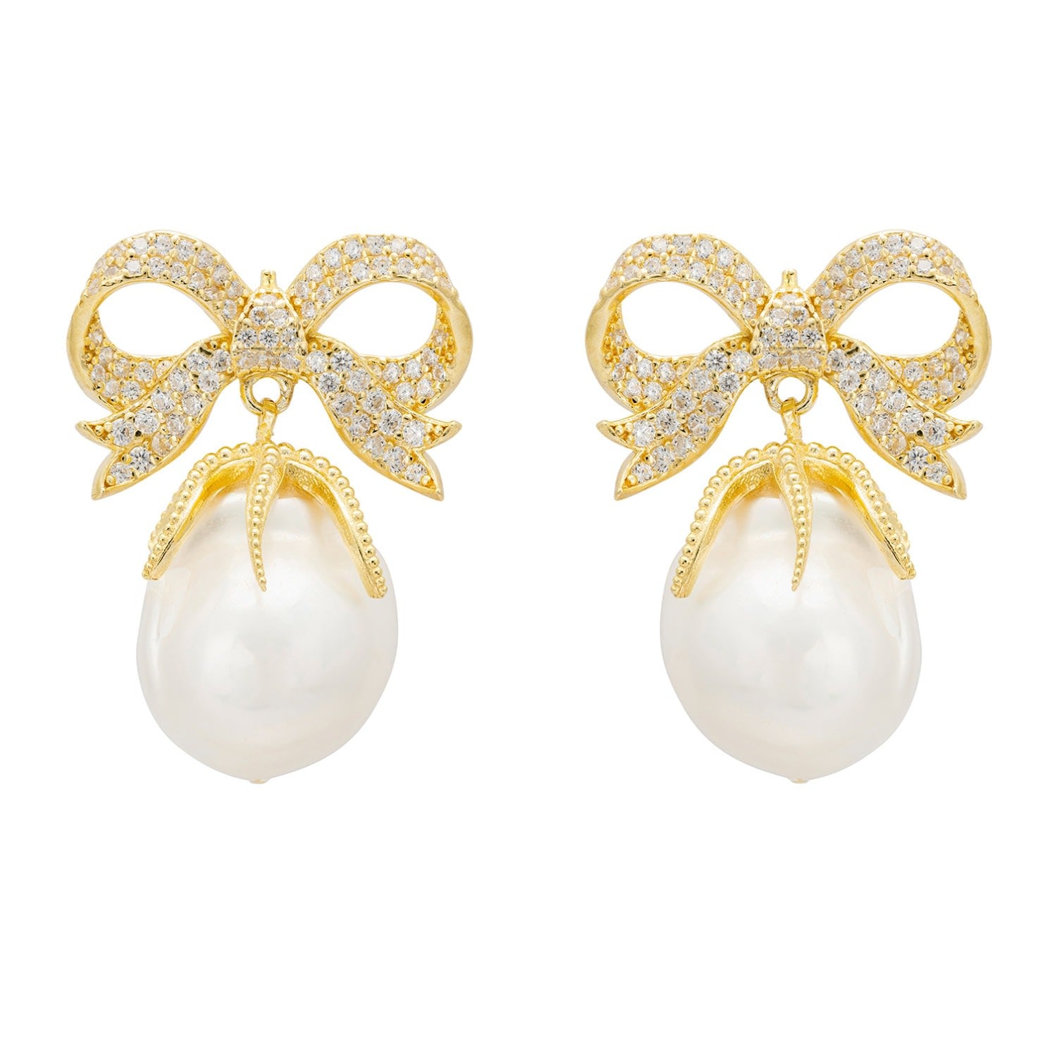 Baroque Pearl Ribbon And Bows Drop Earrings Gold