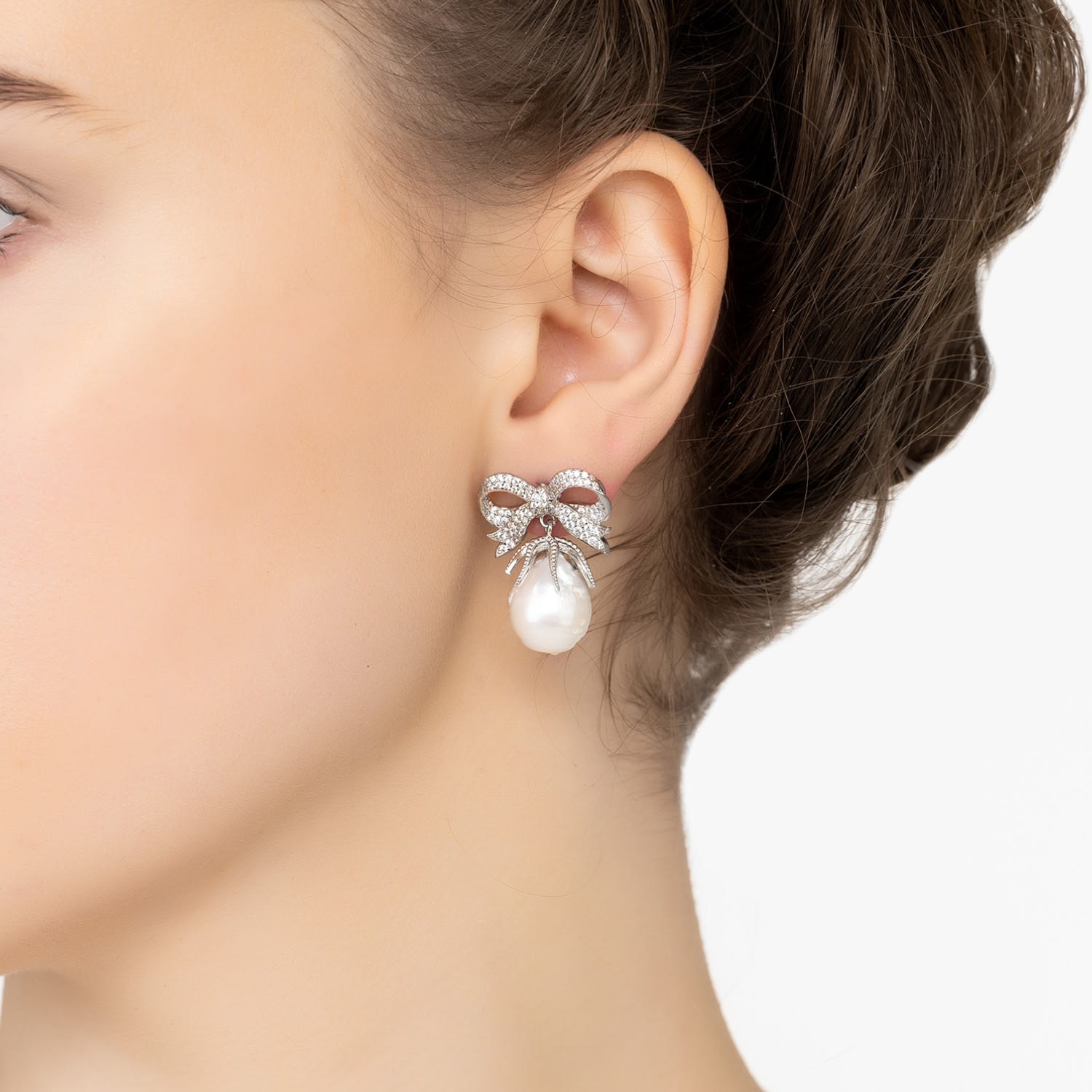 Baroque Pearl Ribbon And Bows Drop Earrings Silver