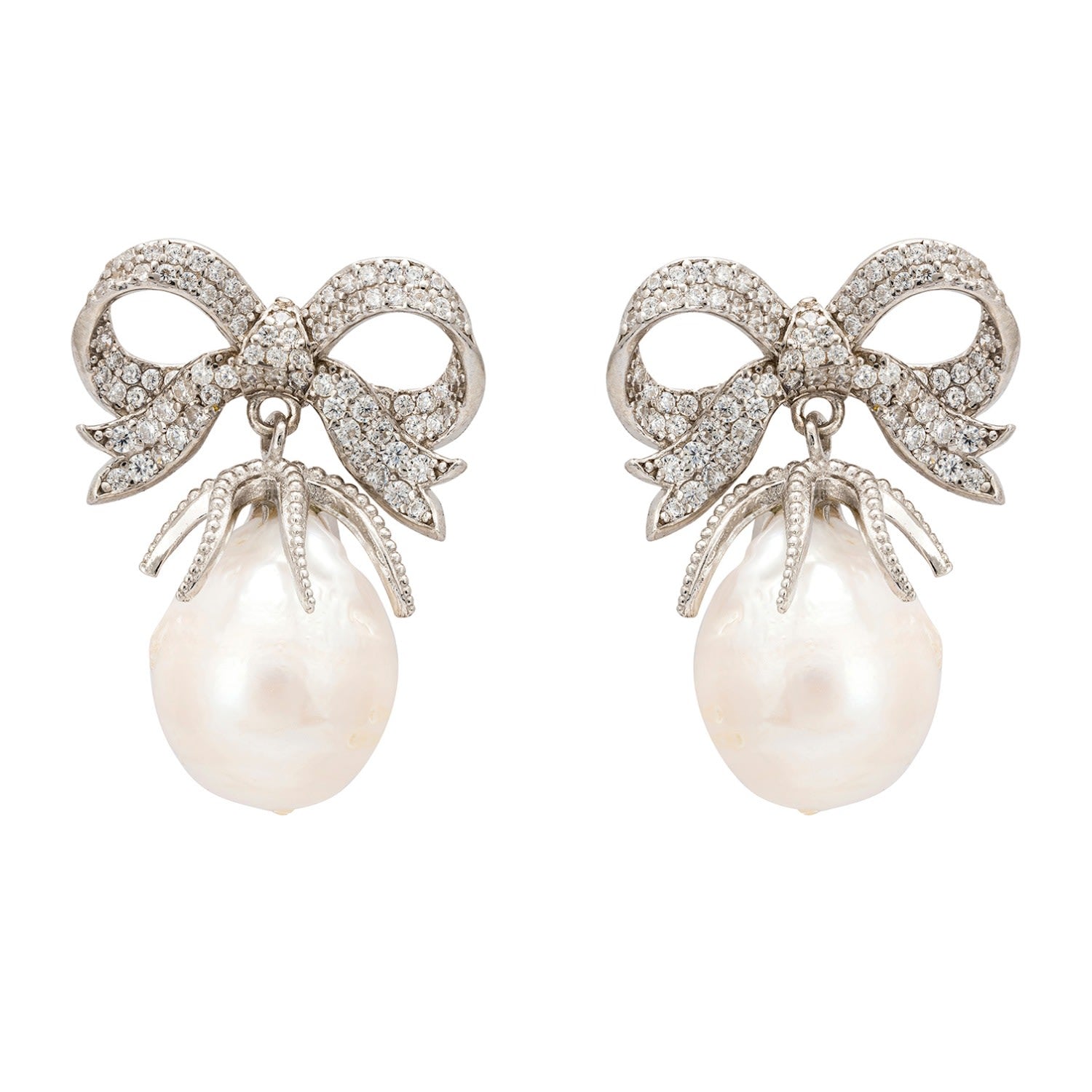 Baroque Pearl Ribbon And Bows Drop Earrings Silver
