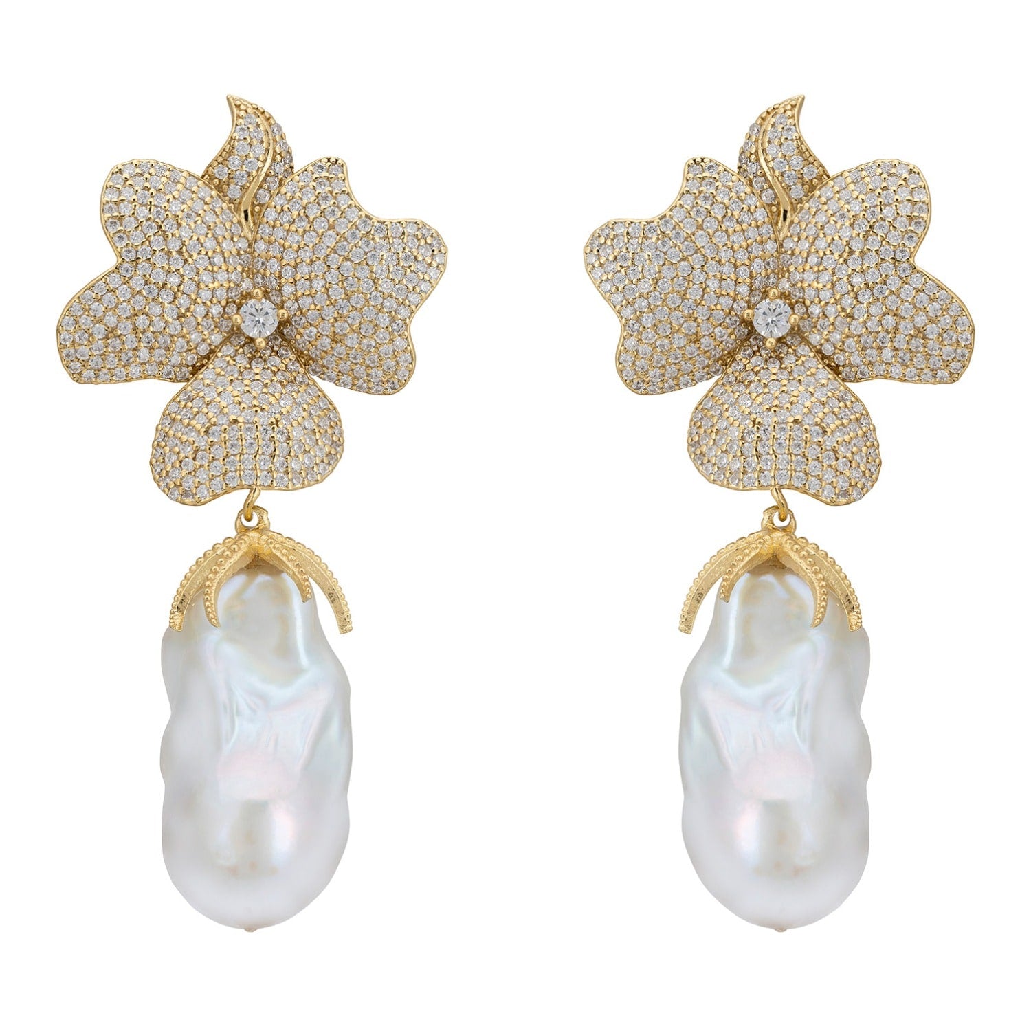 Baroque Pearl White Flower Clip On Drop Earrings Gold