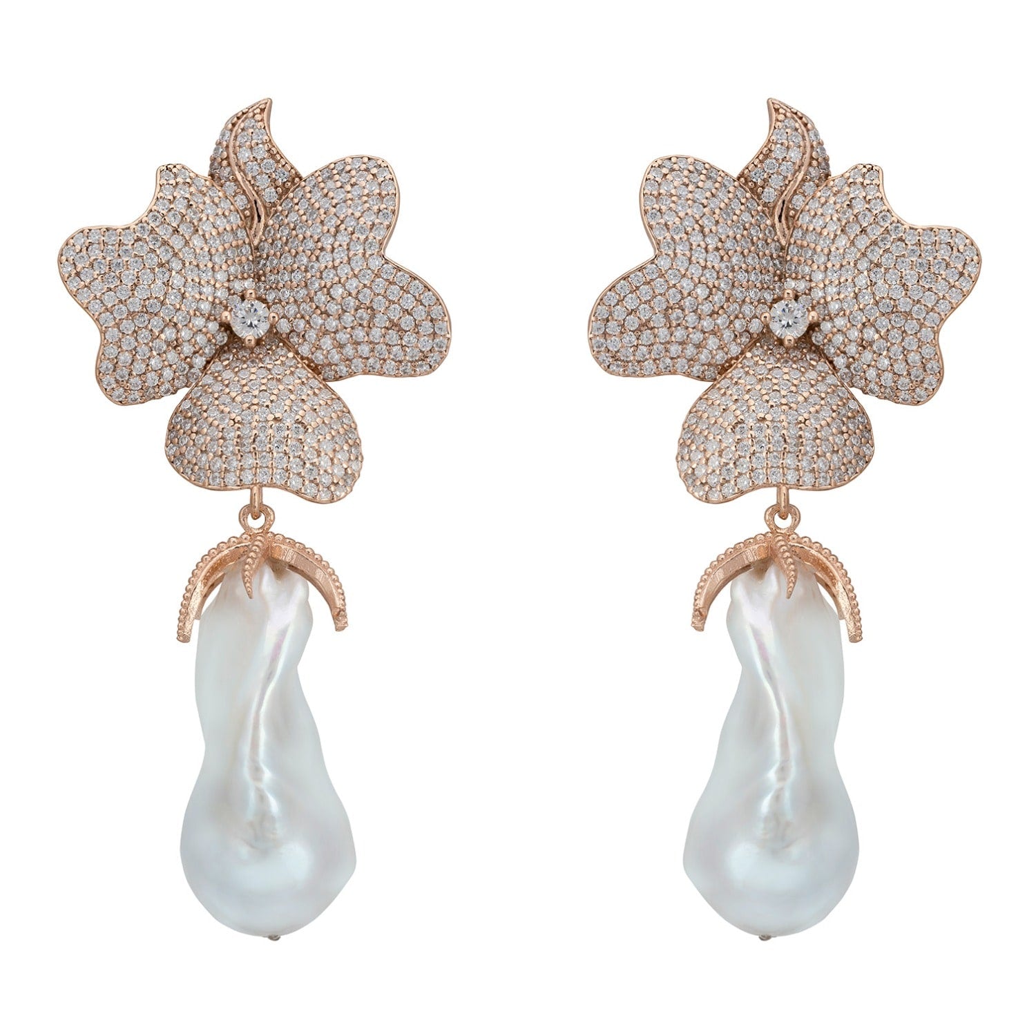 Baroque Pearl White Flower Clip On Drop Earrings Rosegold