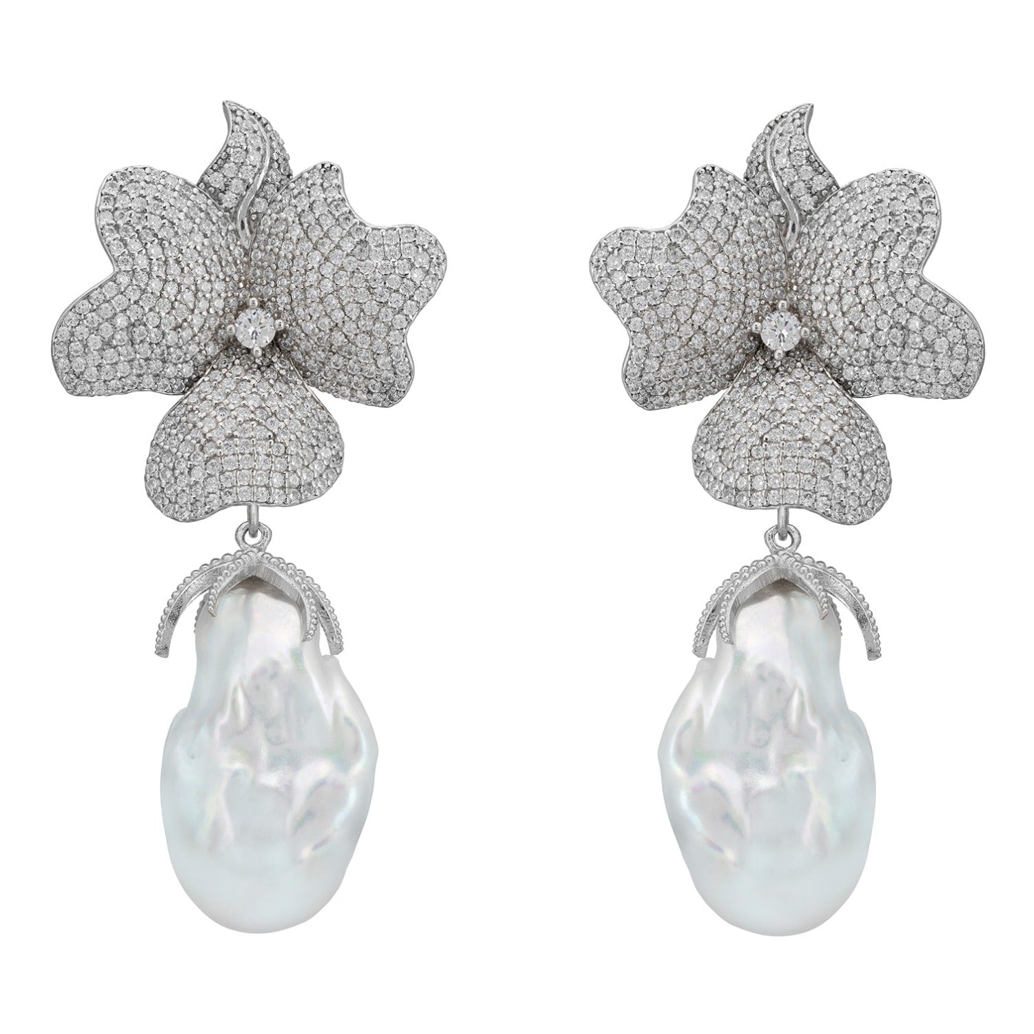 Baroque Pearl White Flower Clip On Drop Earrings Silver