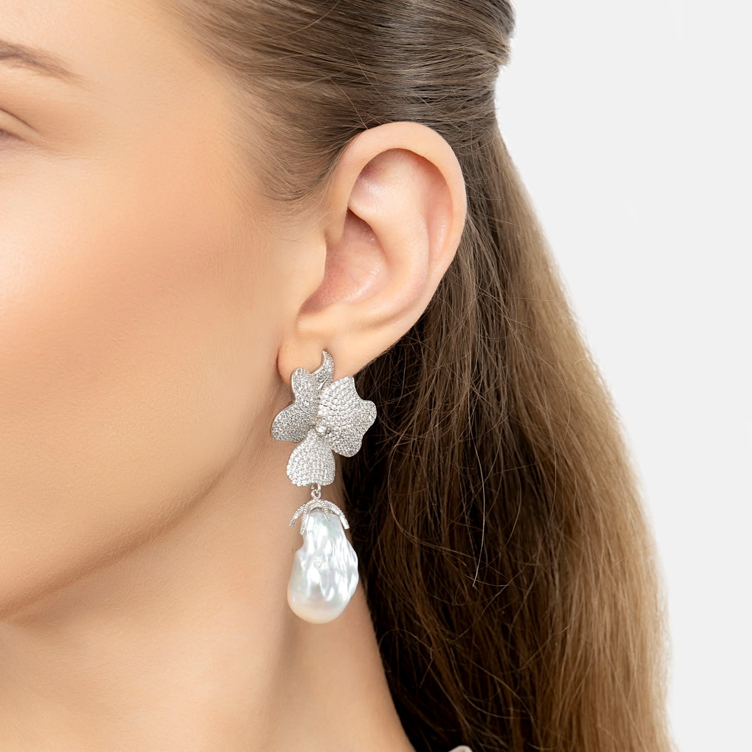 Baroque Pearl White Flower Clip On Drop Earrings Silver