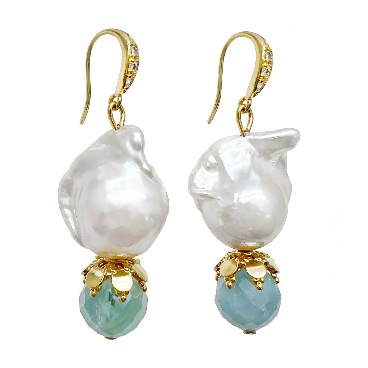 Baroque Pearl With Aquamarine Dangle Earrings