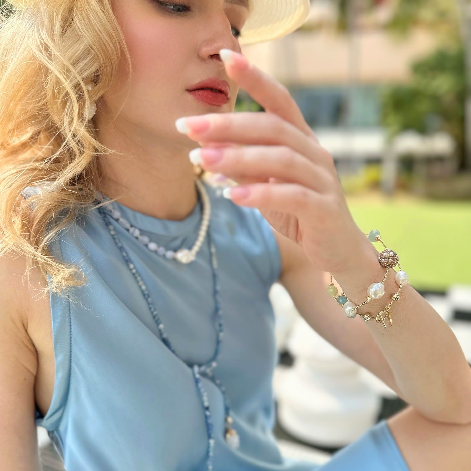 Baroque Pearl With Aquamarine Double Layers Bracelet