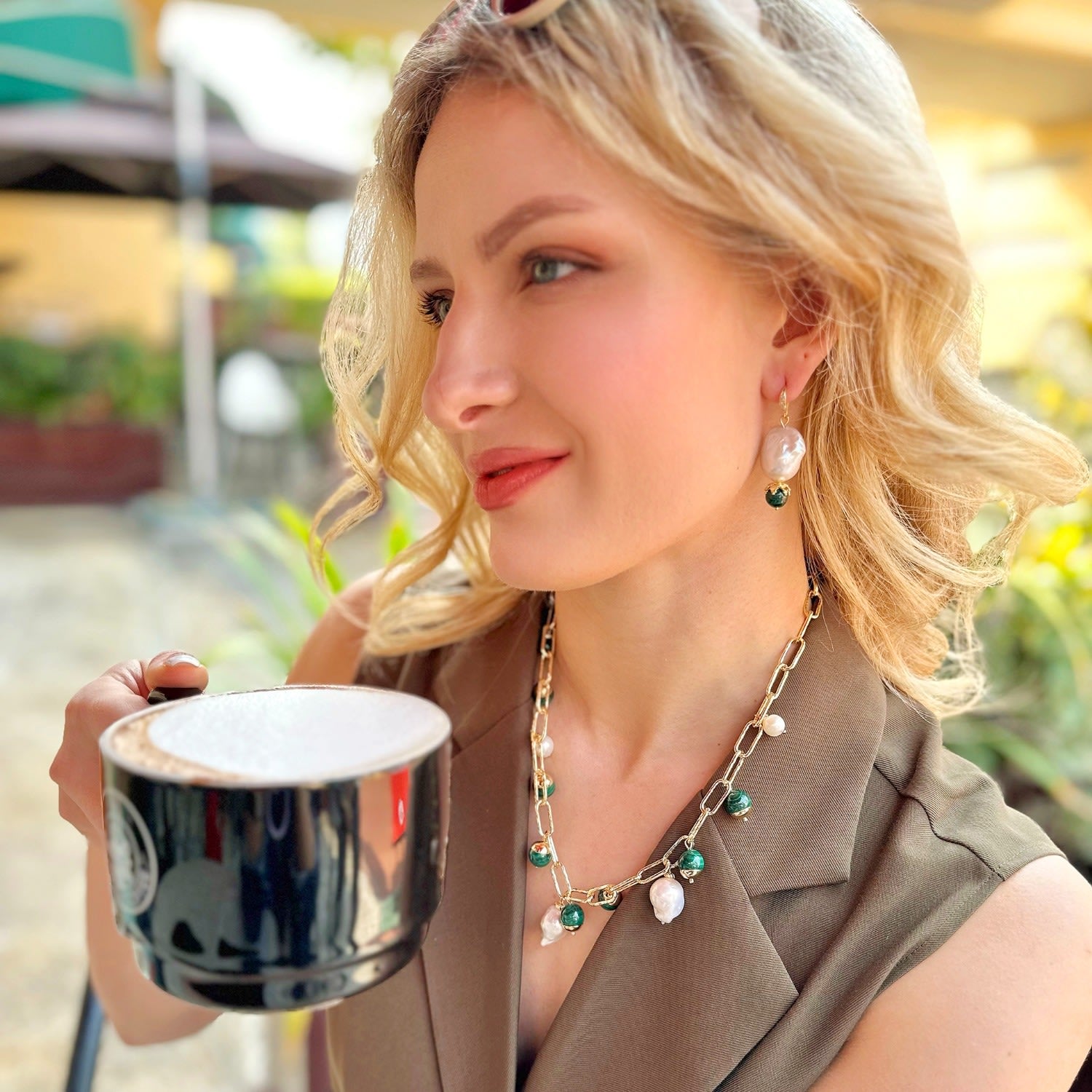 Baroque Pearl With Malachite Round Stone Earrings