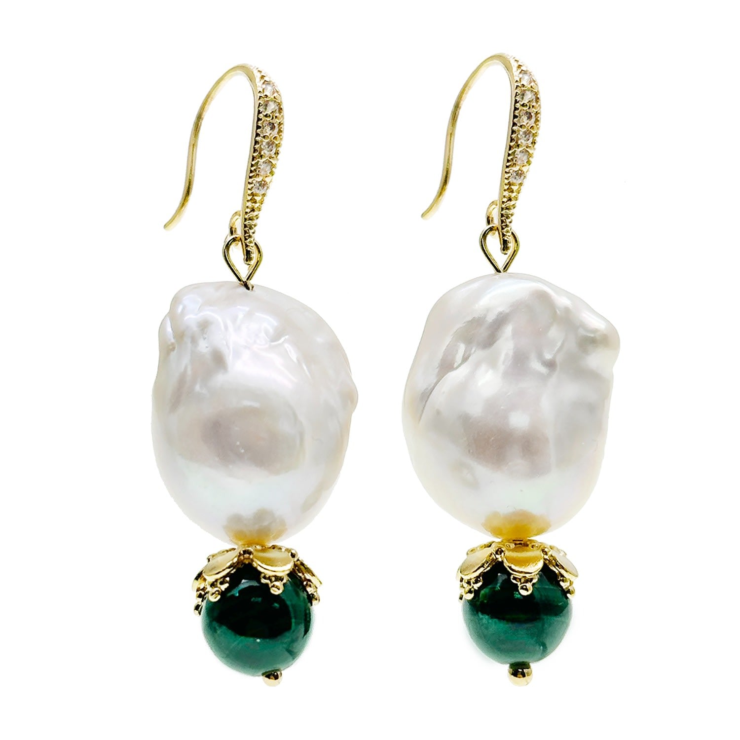 Baroque Pearl With Malachite Round Stone Earrings
