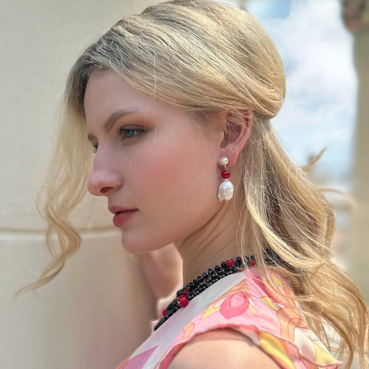 Baroque Pearl With Red Coral Clip-On Earrings