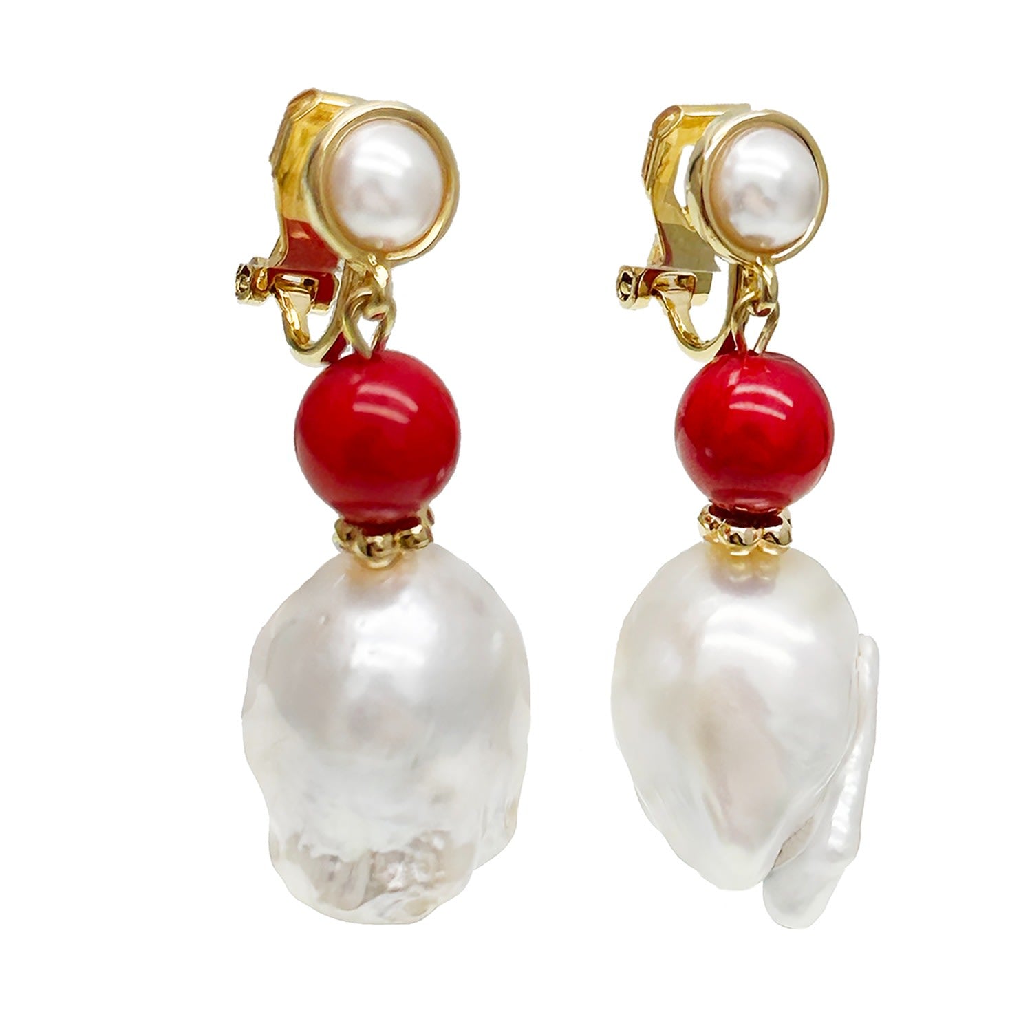 Baroque Pearl With Red Coral Clip-On Earrings