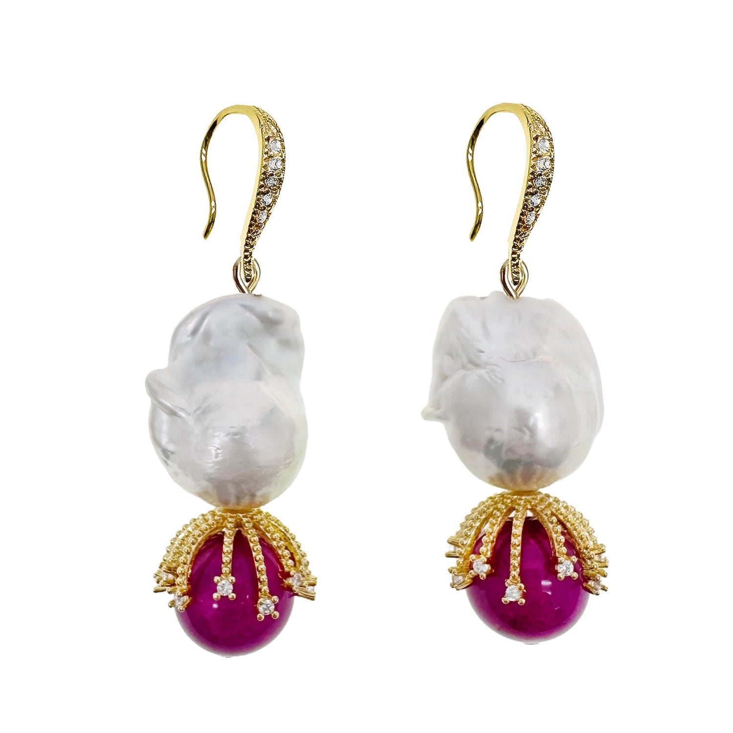 Baroque Pearls And Magenta Gemstone Earrings