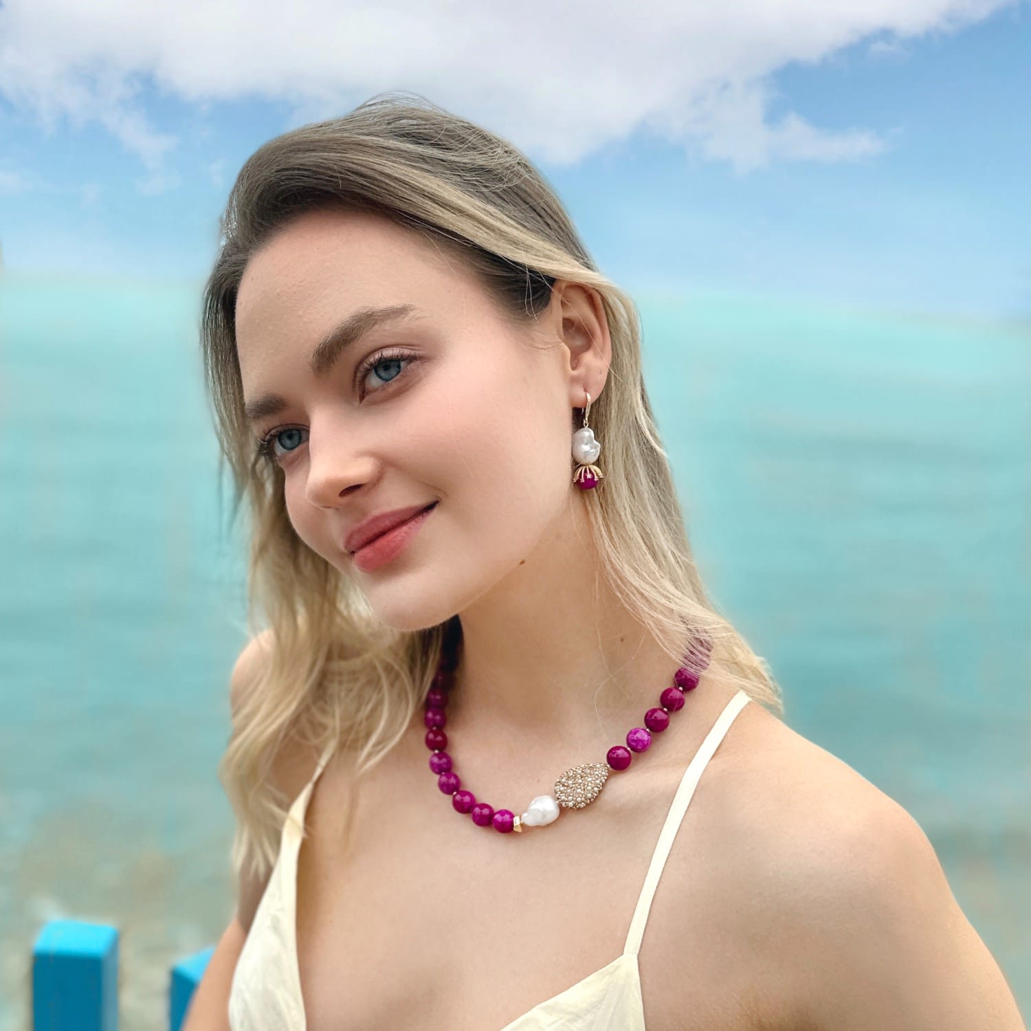 Baroque Pearls And Magenta Gemstone Earrings