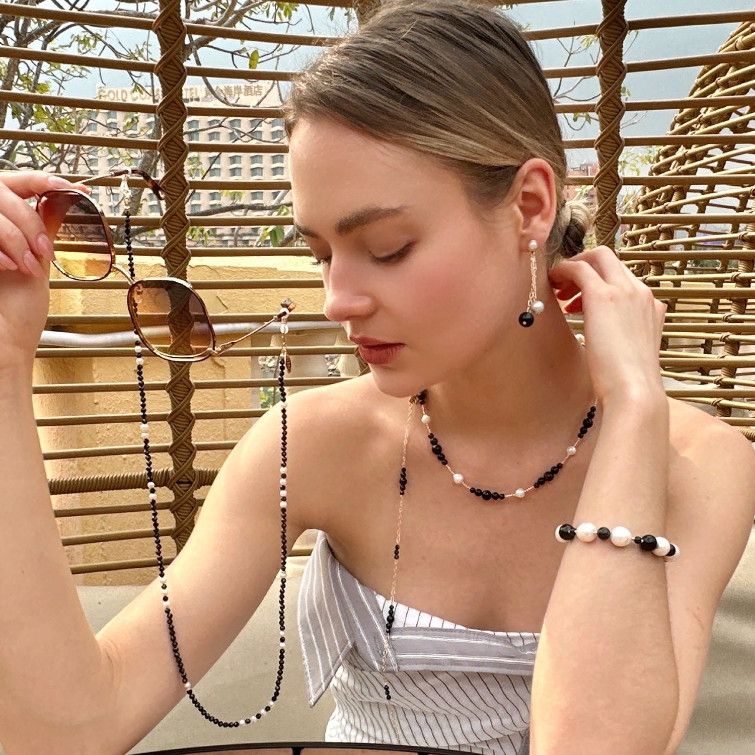 Baroque Pearls With Black Obsidian Adjustable Bracelet