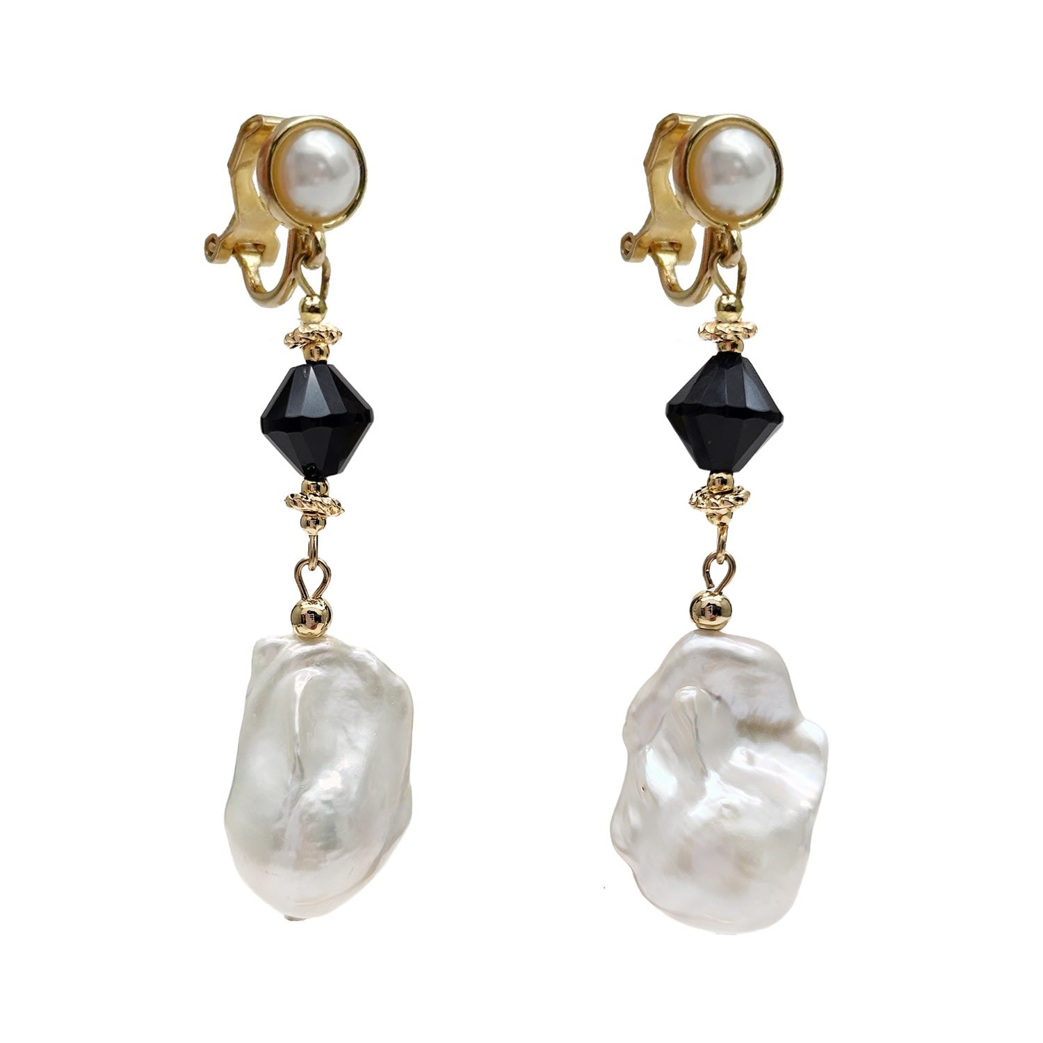 Baroque Pearls With Black Obsidian Clip-On Earrings