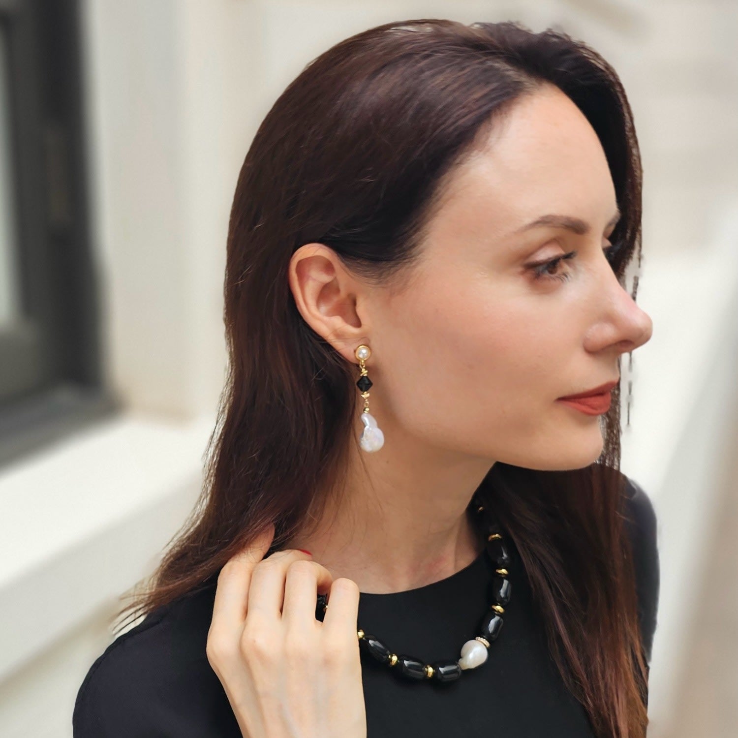 Baroque Pearls With Black Obsidian Clip-On Earrings