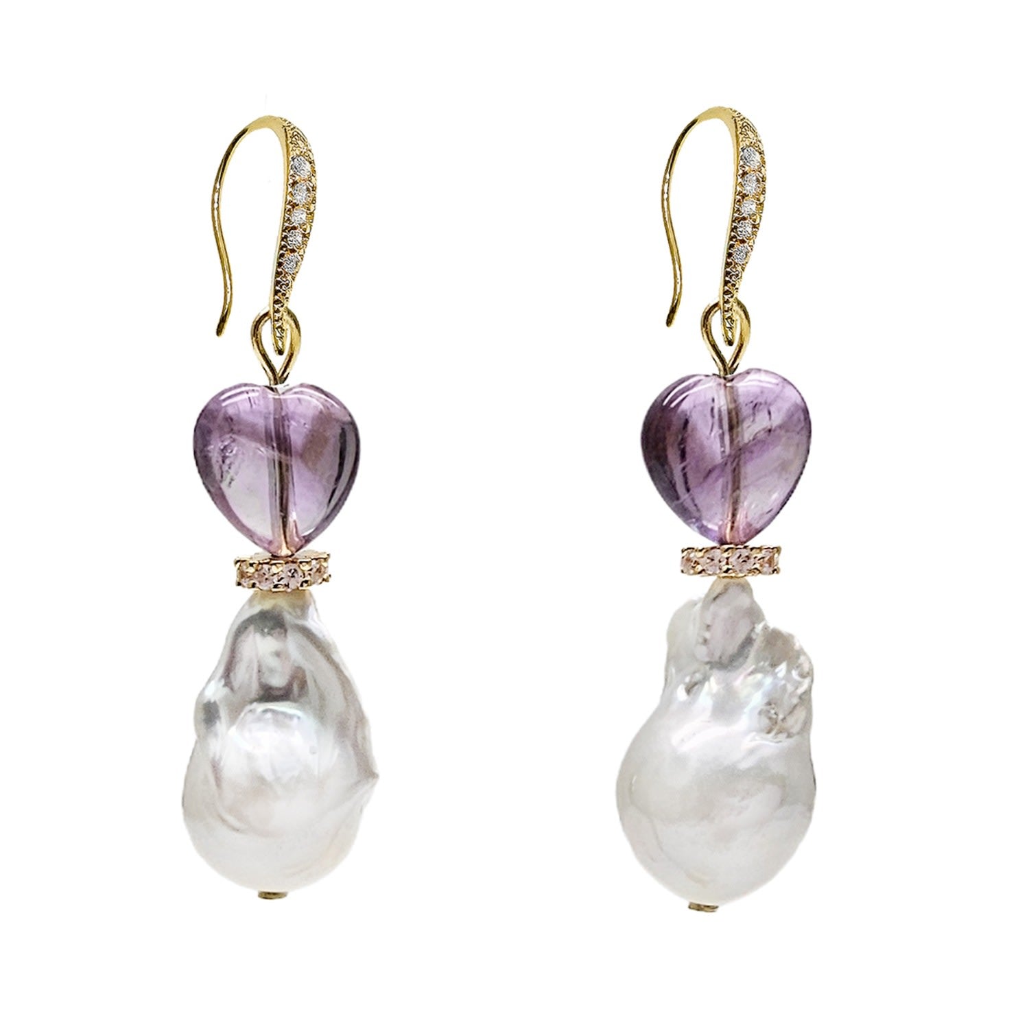 Baroque Pearls With Heart Amethyst Earrings