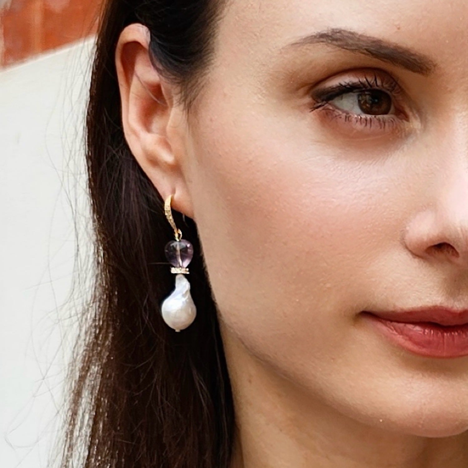 Baroque Pearls With Heart Amethyst Earrings