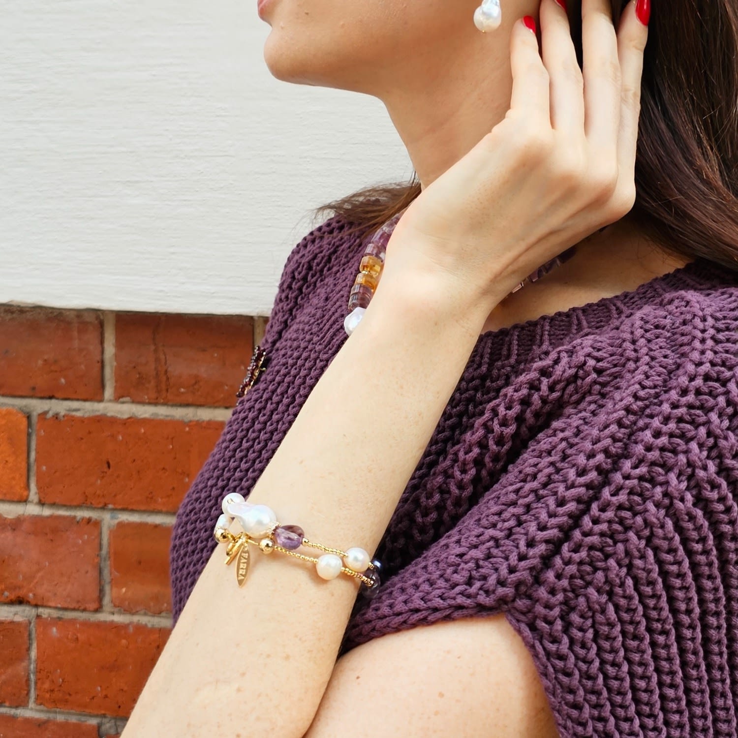 Baroque Pearls With Heart Shaped Amethyst Bracelet / Choker