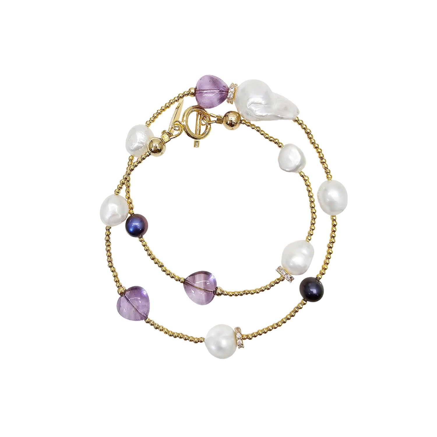 Baroque Pearls With Heart Shaped Amethyst Bracelet / Choker