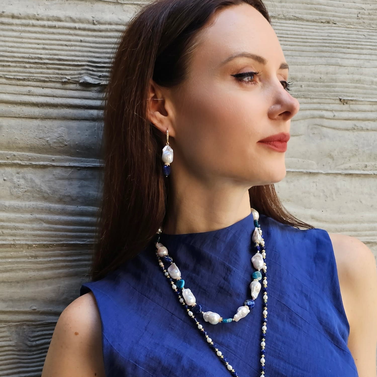 Baroque Pearls With Heart Shaped Lapis And Apatite Dangle Earrings