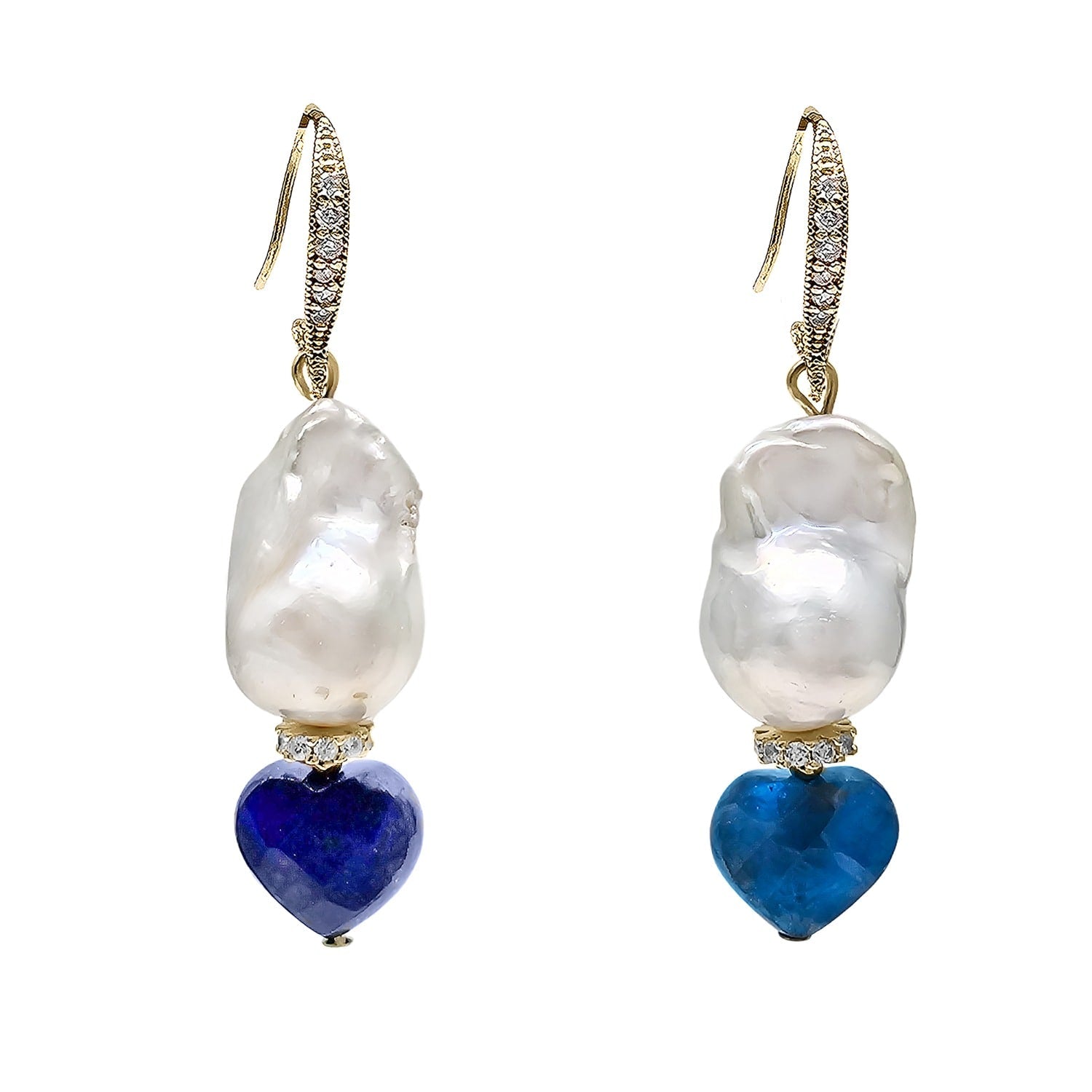 Baroque Pearls With Heart Shaped Lapis And Apatite Dangle Earrings
