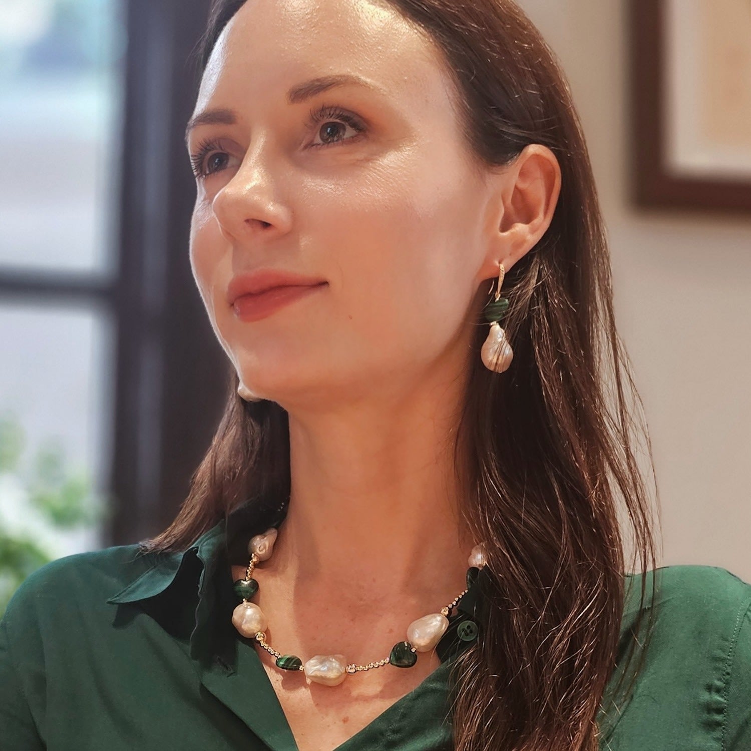 Baroque Pearls With Heart Shaped Malachite Necklace