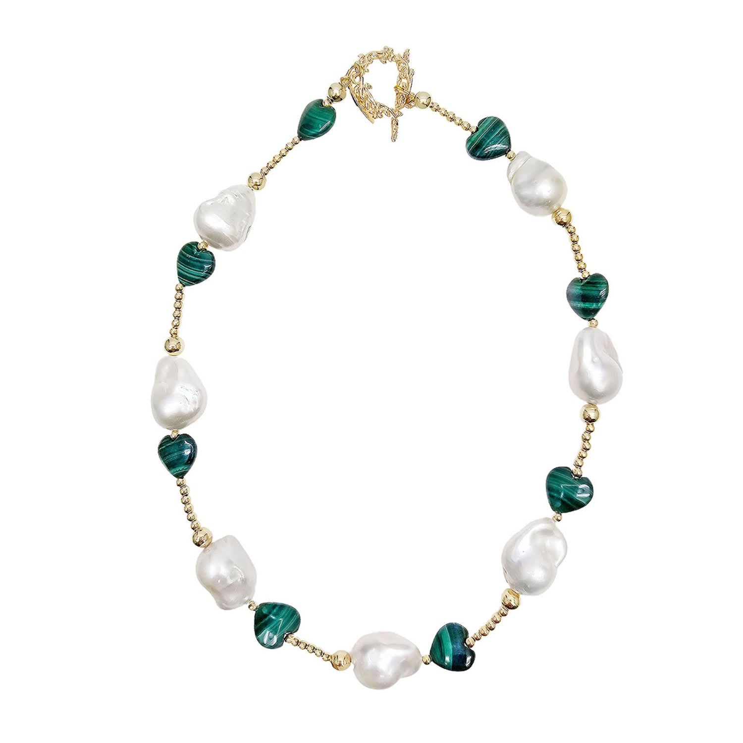 Baroque Pearls With Heart Shaped Malachite Necklace