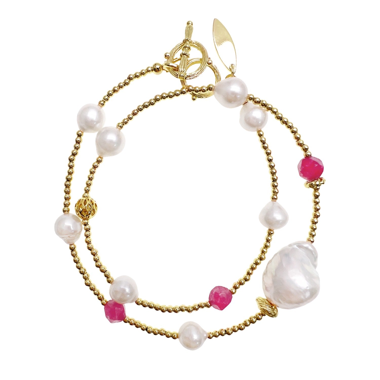 Baroque Pearls With Pink Gemstones Double Layers Bracelet / Choker